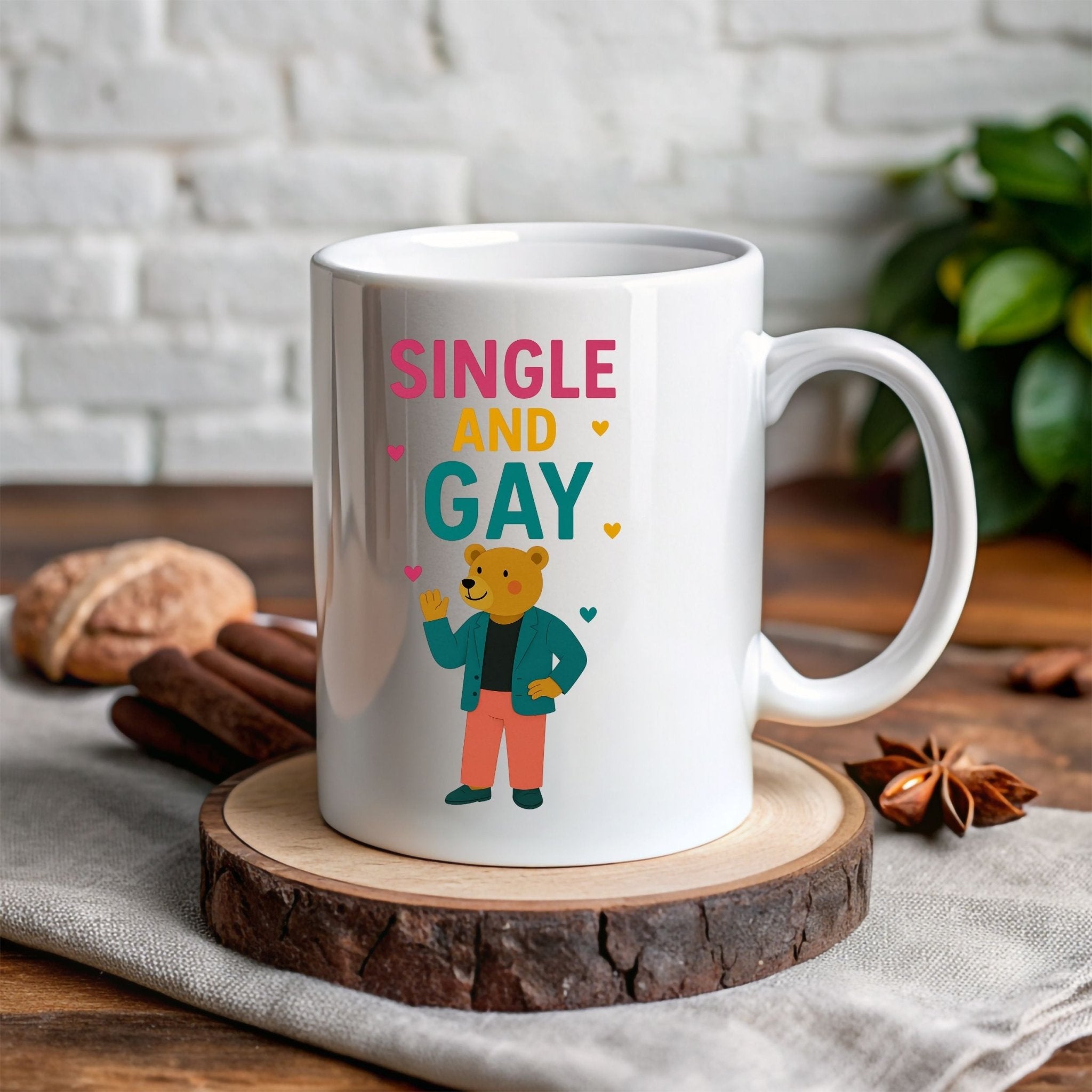 Single and Gay Mug, Funny Embroidered Style LGBTQ Bear Gift, Sassy Pride Coffee Cup, Queer Independence Mug for Him, Gay Solo Celebration - Craig Michael Design