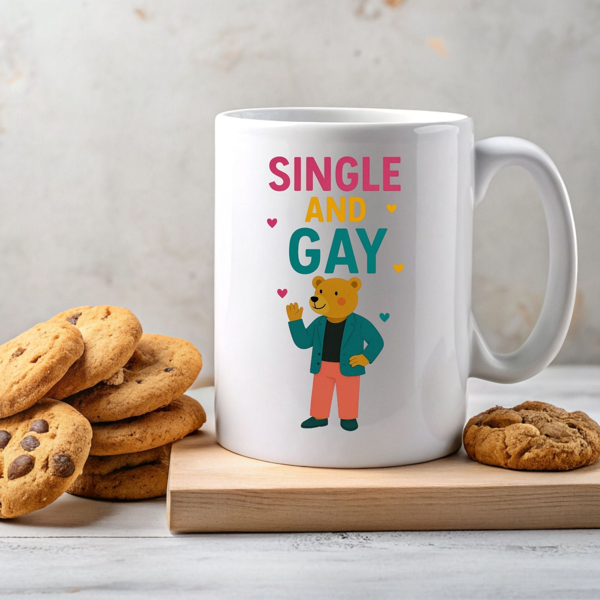 Single and Gay Mug, Funny Embroidered Style LGBTQ Bear Gift, Sassy Pride Coffee Cup, Queer Independence Mug for Him, Gay Solo Celebration - Craig Michael Design