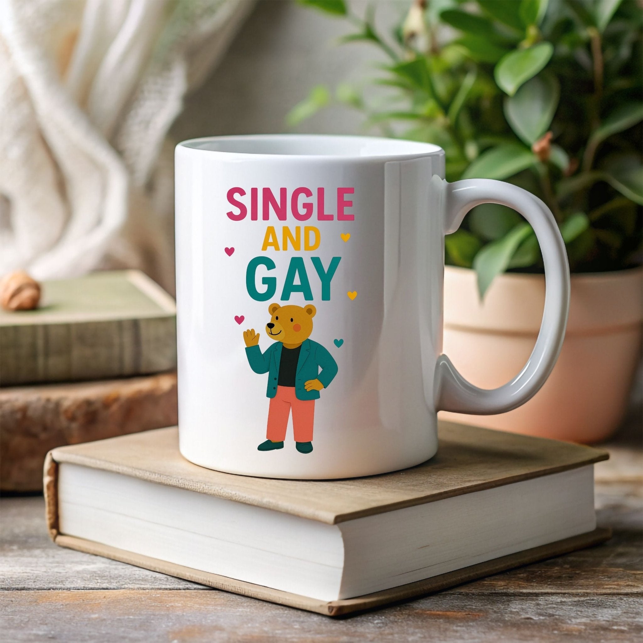 Single and Gay Mug, Funny Embroidered Style LGBTQ Bear Gift, Sassy Pride Coffee Cup, Queer Independence Mug for Him, Gay Solo Celebration - Craig Michael Design