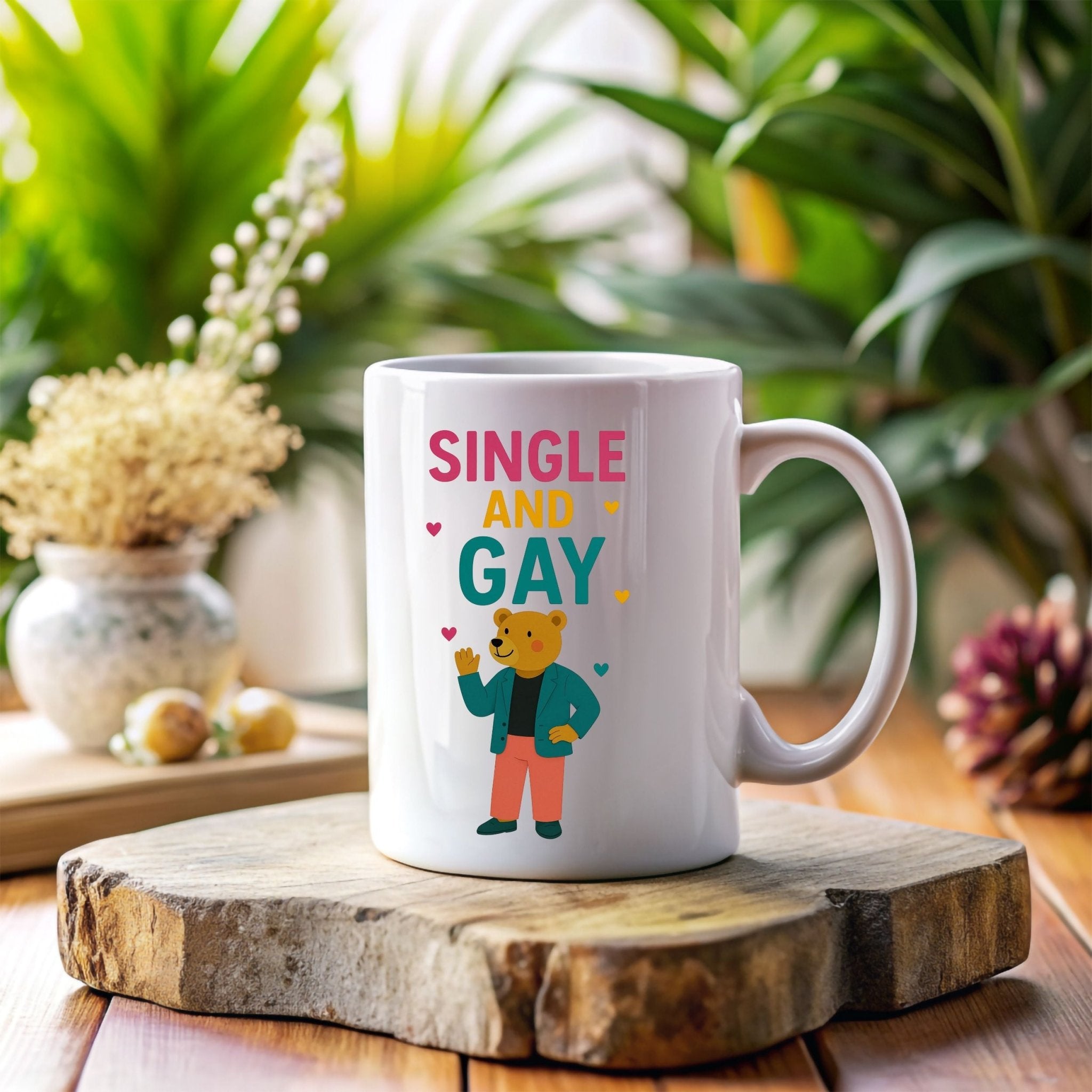 Single and Gay Mug, Funny Embroidered Style LGBTQ Bear Gift, Sassy Pride Coffee Cup, Queer Independence Mug for Him, Gay Solo Celebration - Craig Michael Design