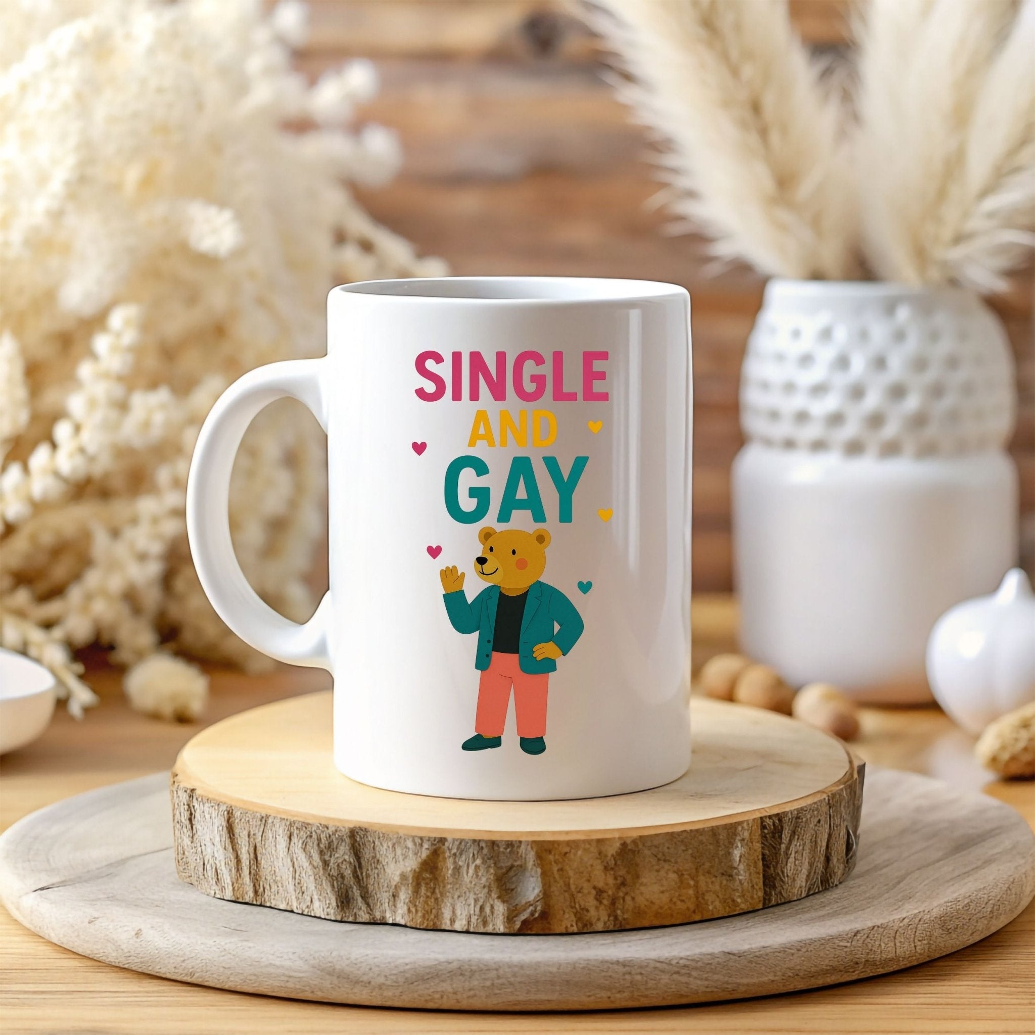 Single and Gay Mug, Funny Embroidered Style LGBTQ Bear Gift, Sassy Pride Coffee Cup, Queer Independence Mug for Him, Gay Solo Celebration - Craig Michael Design