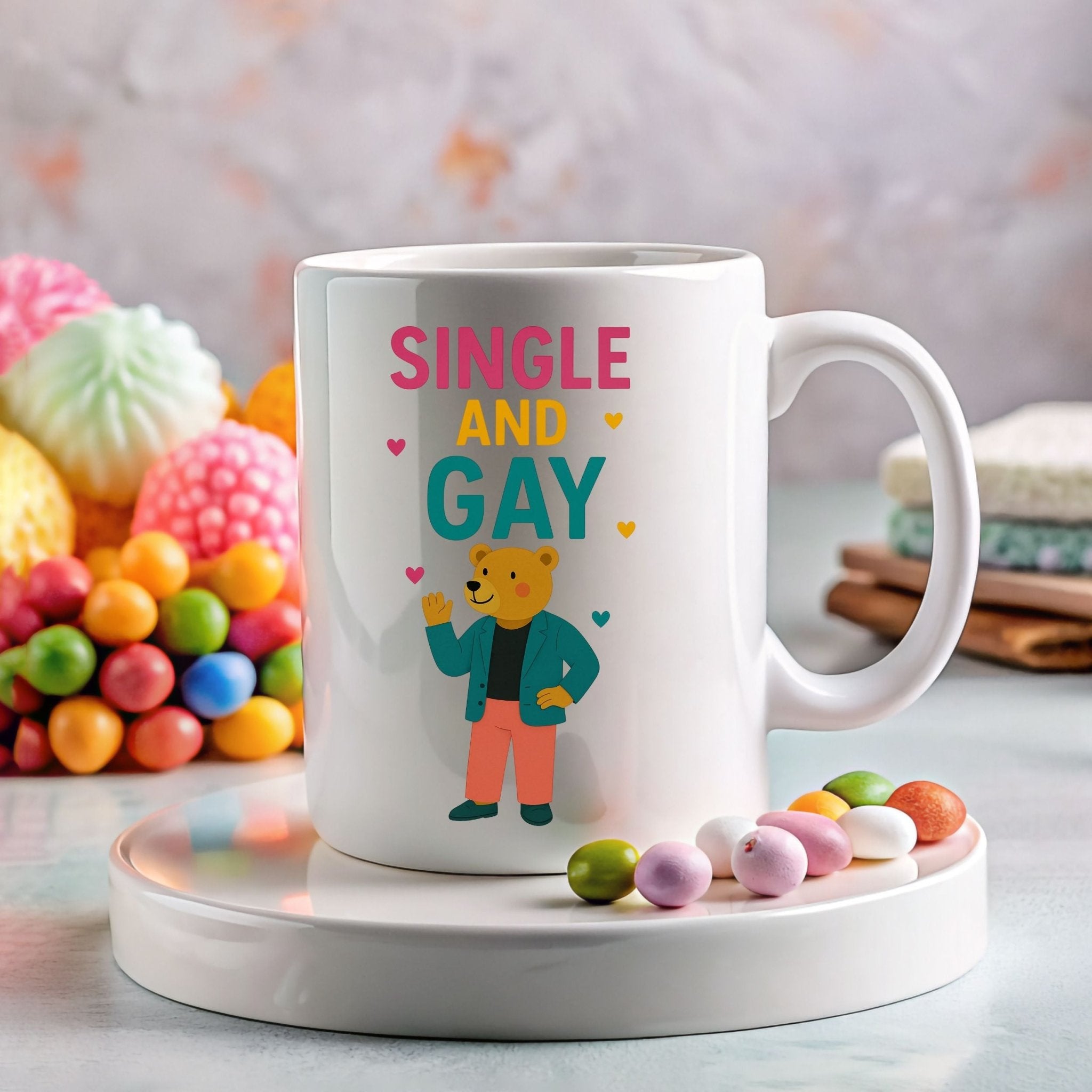 Single and Gay Mug, Funny Embroidered Style LGBTQ Bear Gift, Sassy Pride Coffee Cup, Queer Independence Mug for Him, Gay Solo Celebration - Craig Michael Design