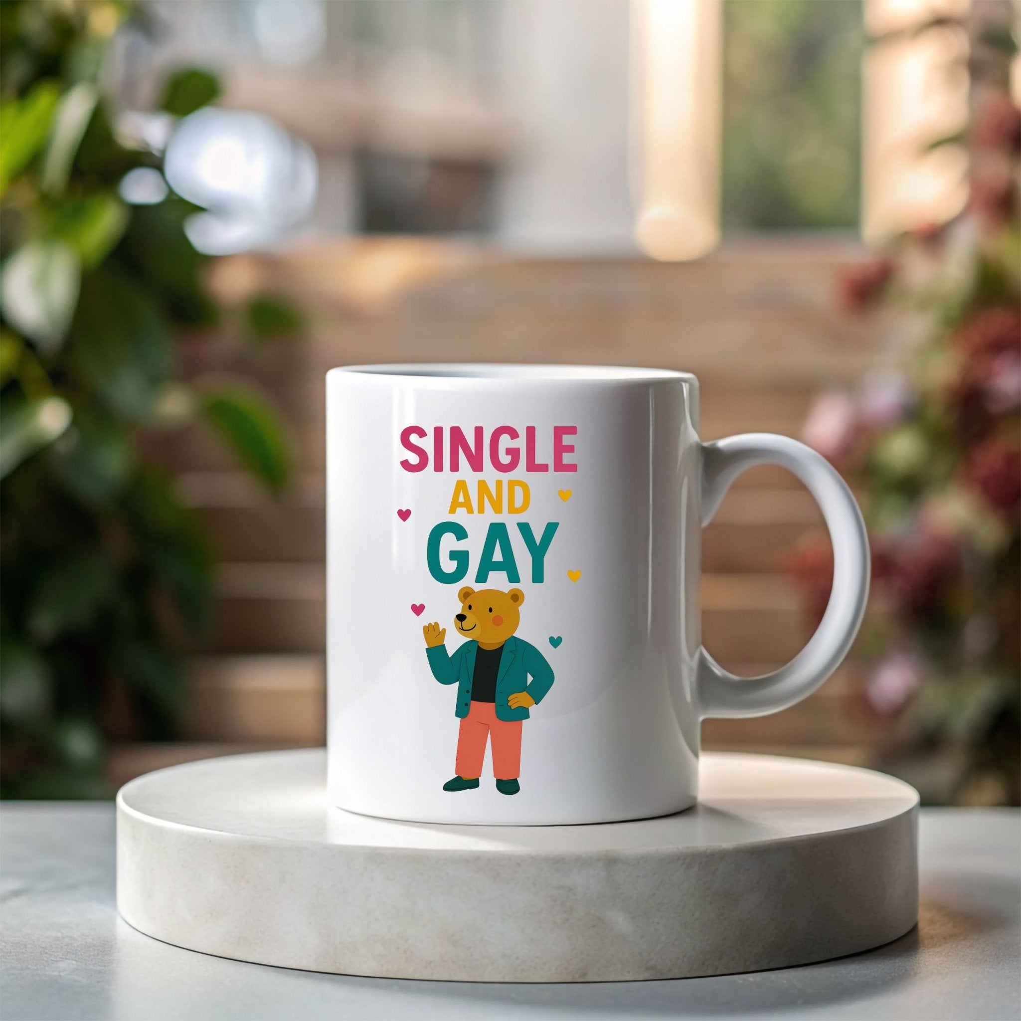 Single and Gay Mug, Funny Embroidered Style LGBTQ Bear Gift, Sassy Pride Coffee Cup, Queer Independence Mug for Him, Gay Solo Celebration - Craig Michael Design