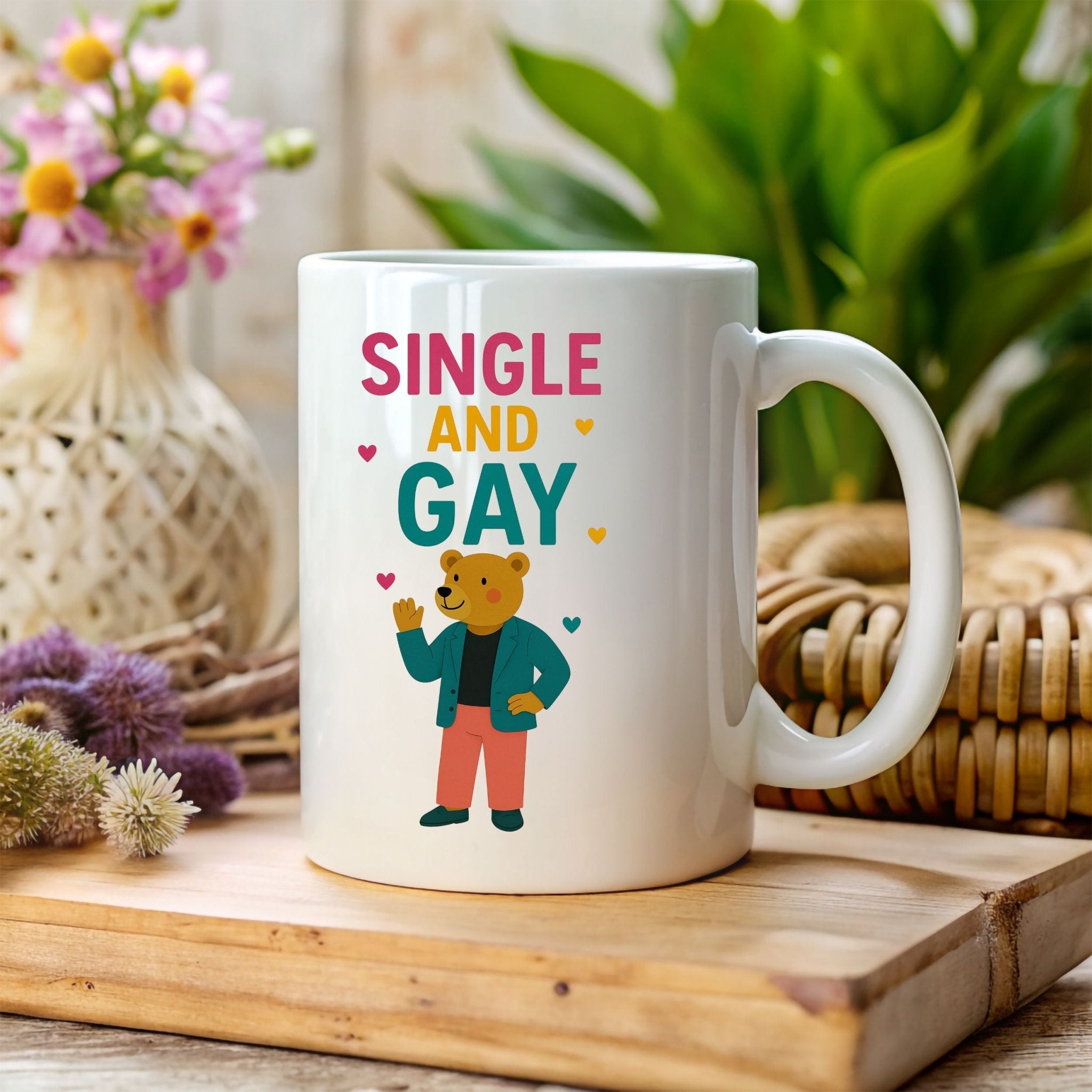 Single and Gay Mug, Funny Embroidered Style LGBTQ Bear Gift, Sassy Pride Coffee Cup, Queer Independence Mug for Him, Gay Solo Celebration - Craig Michael Design