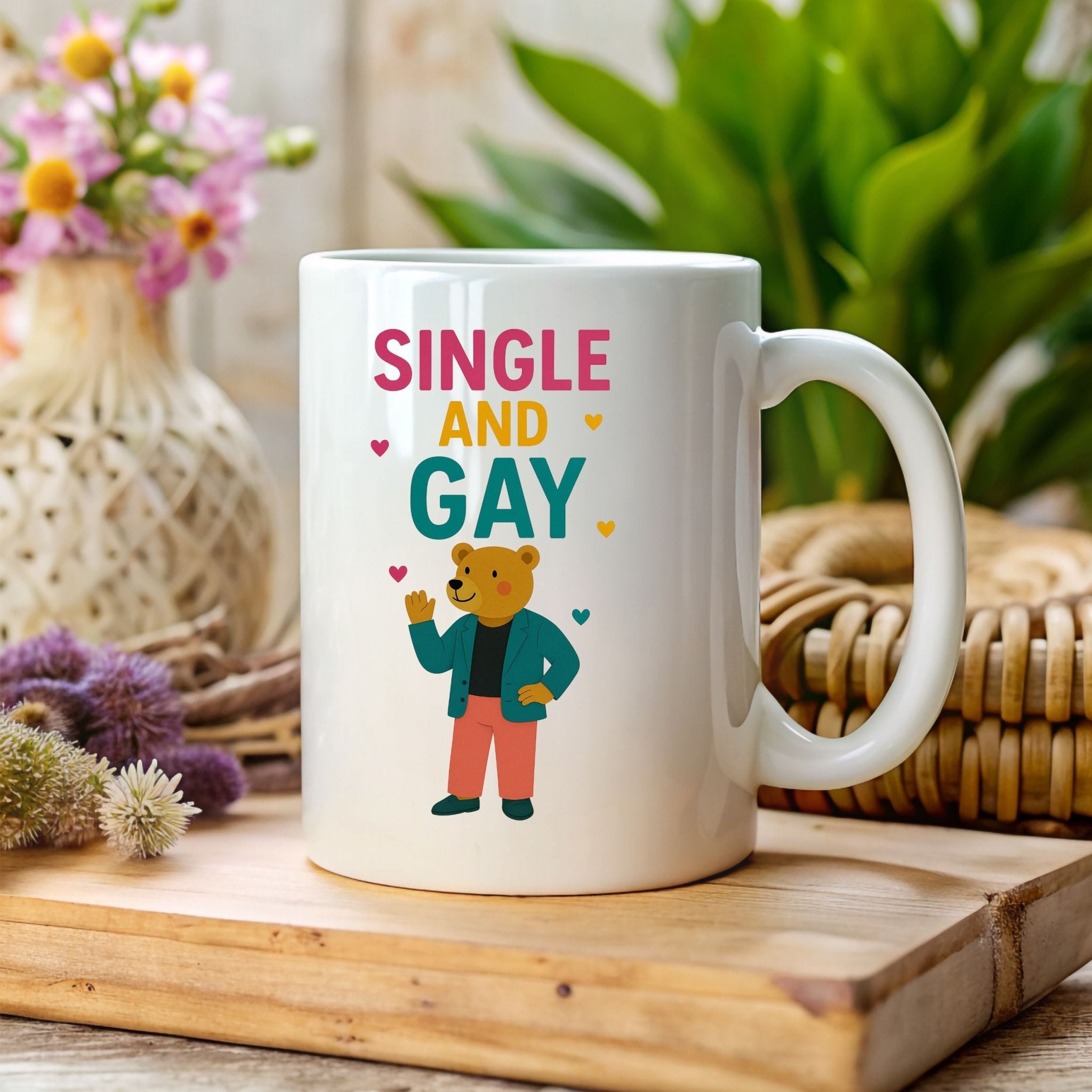Single and Gay Mug, Funny Embroidered Style LGBTQ Bear Gift, Sassy Pride Coffee Cup, Queer Independence Mug for Him, Gay Solo Celebration - Craig Michael Design