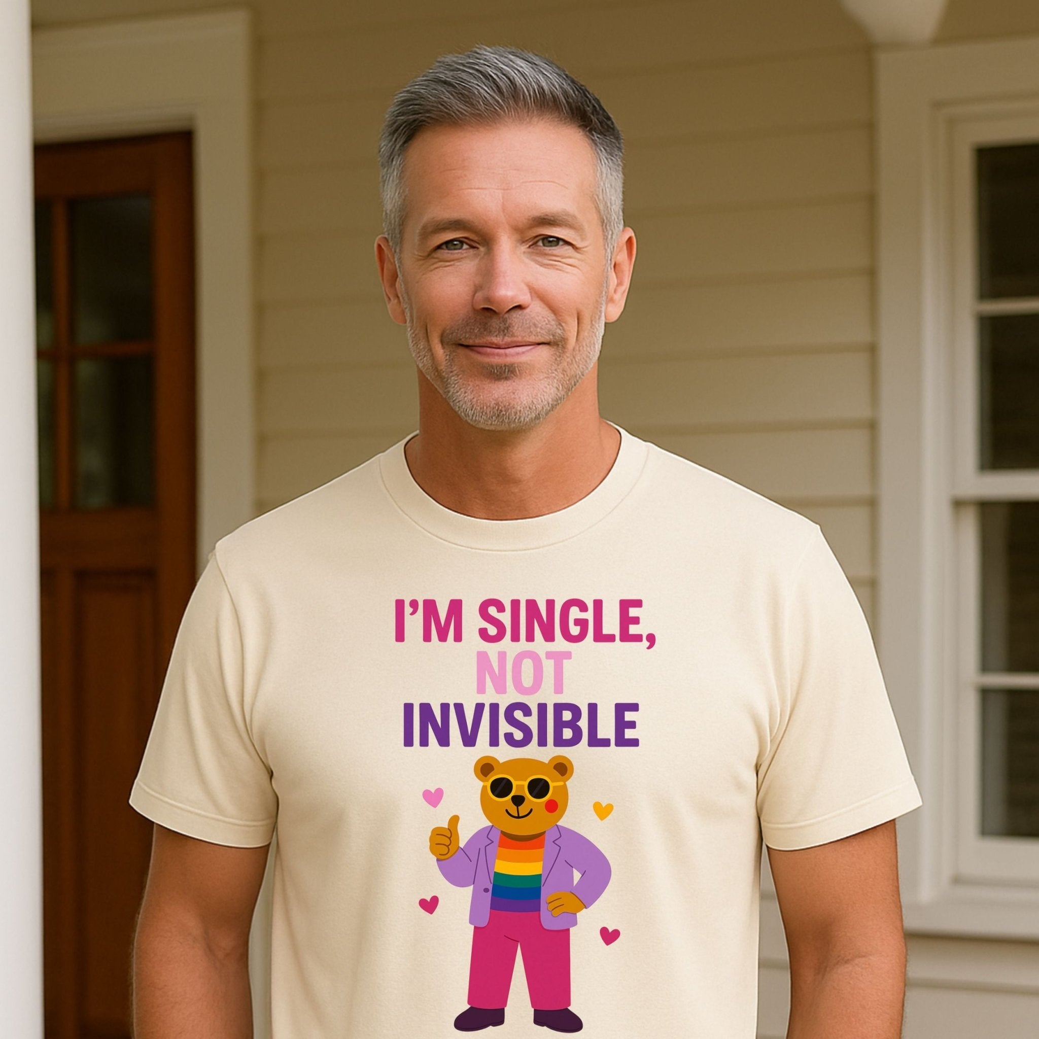 Single Not Invisible Shirt, Funny Gay Bear Tee for Him, Cream Pride T-Shirt - Craig Michael Design