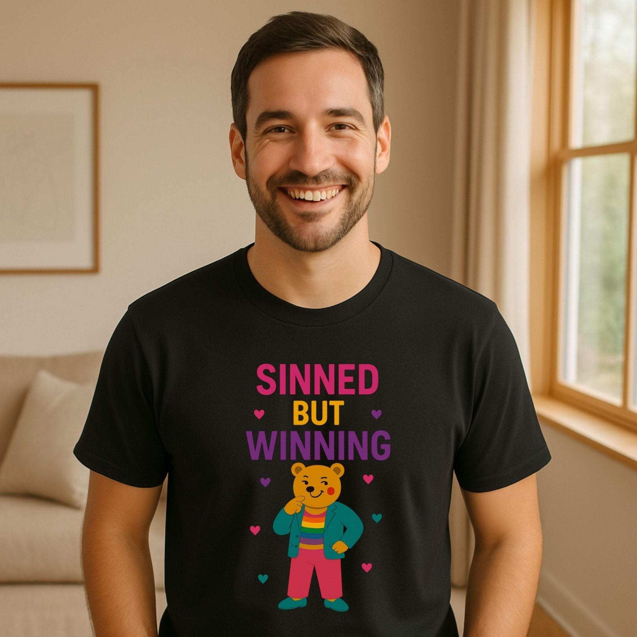 Sinned But Winning,Funny Gay Pride T-Shirt, Queer Bear Tee for Him, Sassy Bold Gift - Craig Michael Design