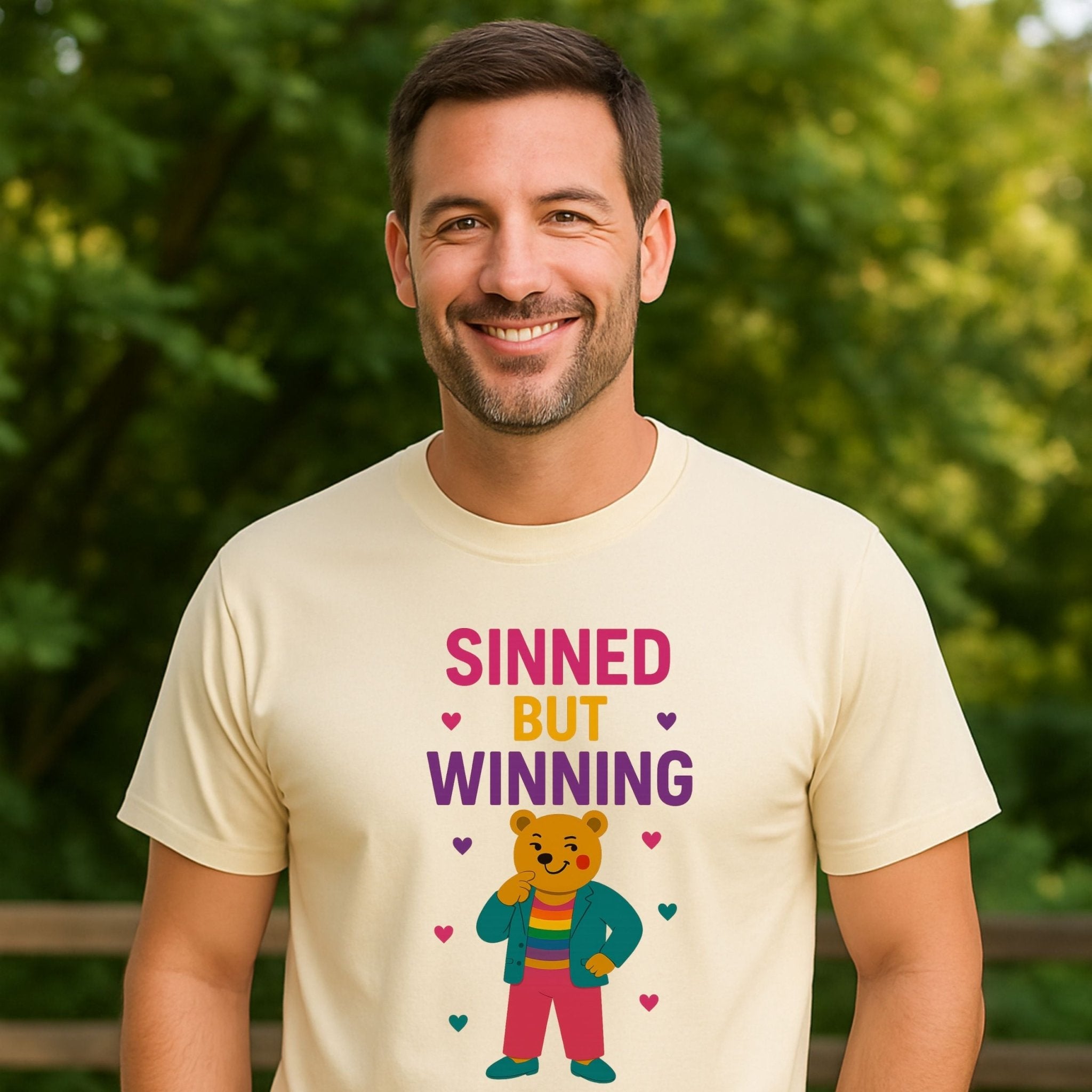 Sinned But Winning,Funny Gay Pride T-Shirt, Queer Bear Tee for Him, Sassy Bold Gift - Craig Michael Design