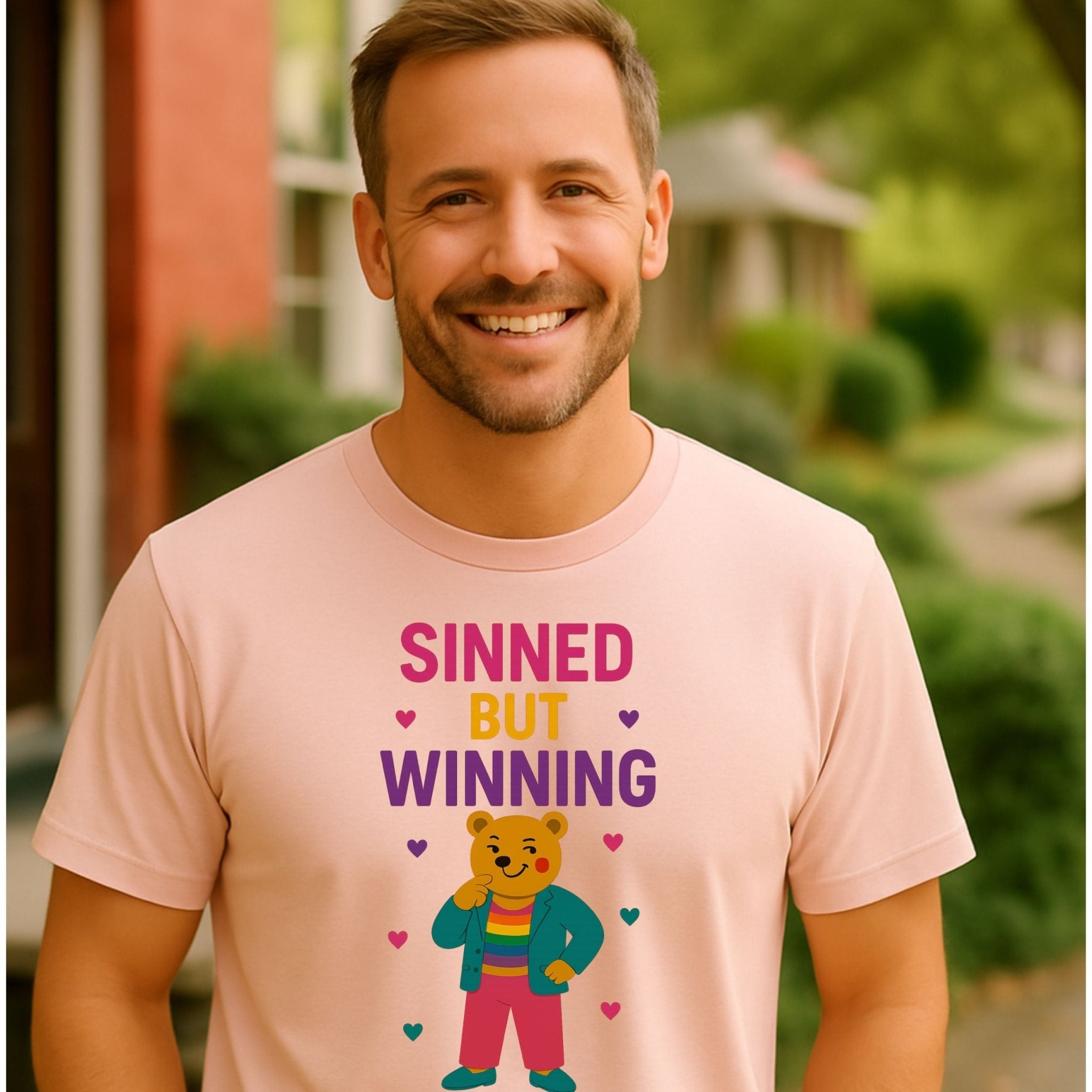 Sinned But Winning,Funny Gay Pride T-Shirt, Queer Bear Tee for Him, Sassy Bold Gift - Craig Michael Design
