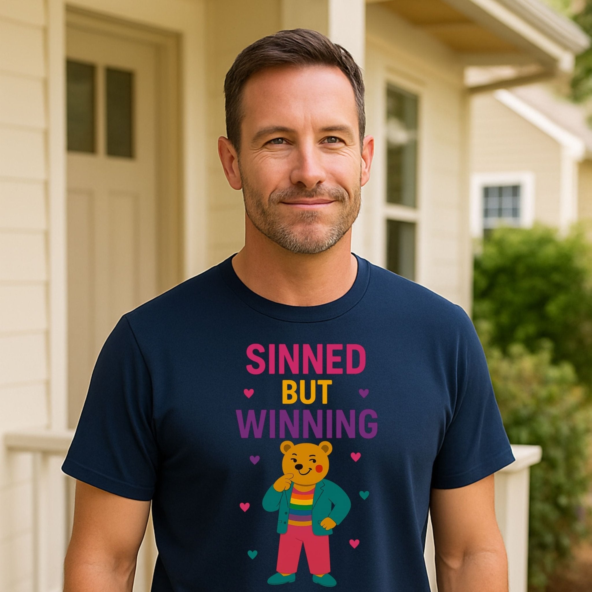 Sinned But Winning,Funny Gay Pride T-Shirt, Queer Bear Tee for Him, Sassy Bold Gift - Craig Michael Design
