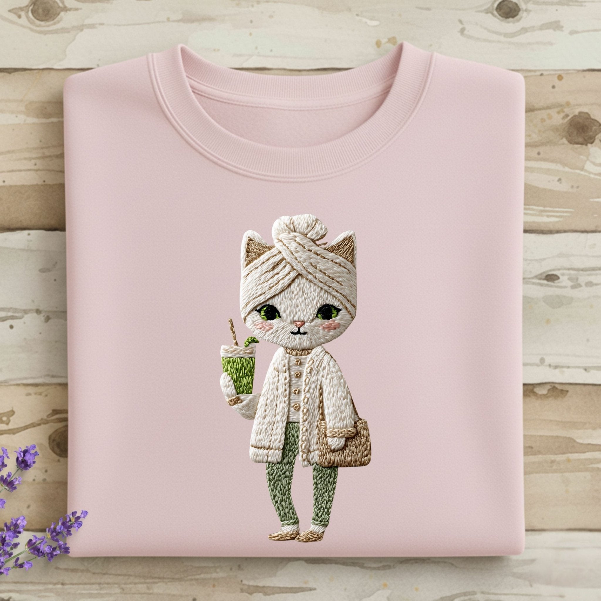 Spa Cat T-Shirt, Relaxing Cat, Cute Cat, Cat with Smoothie, Gift for Cat Lover, Funny Cat Tee, Kitten Shirt, Embroidered Cat, Womens T-Shirt - Craig Michael Design