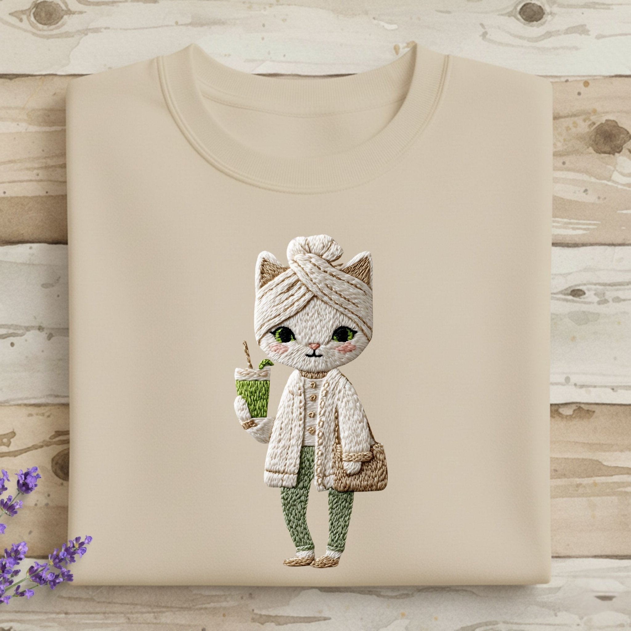 Spa Cat T-Shirt, Relaxing Cat, Cute Cat, Cat with Smoothie, Gift for Cat Lover, Funny Cat Tee, Kitten Shirt, Embroidered Cat, Womens T-Shirt - Craig Michael Design