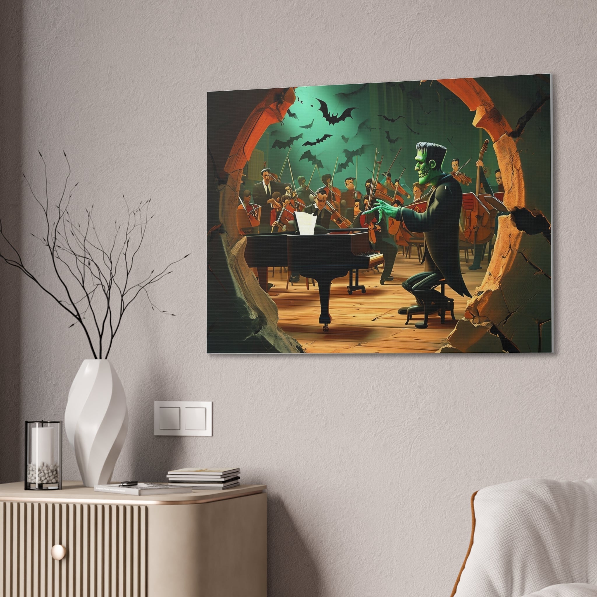 Spooky Frankenstein Orchestra Canvas Wall Art Halloween Themed Music Room Decor Unique Gift for Music Lovers and Horror Fans - Craig Michael Design