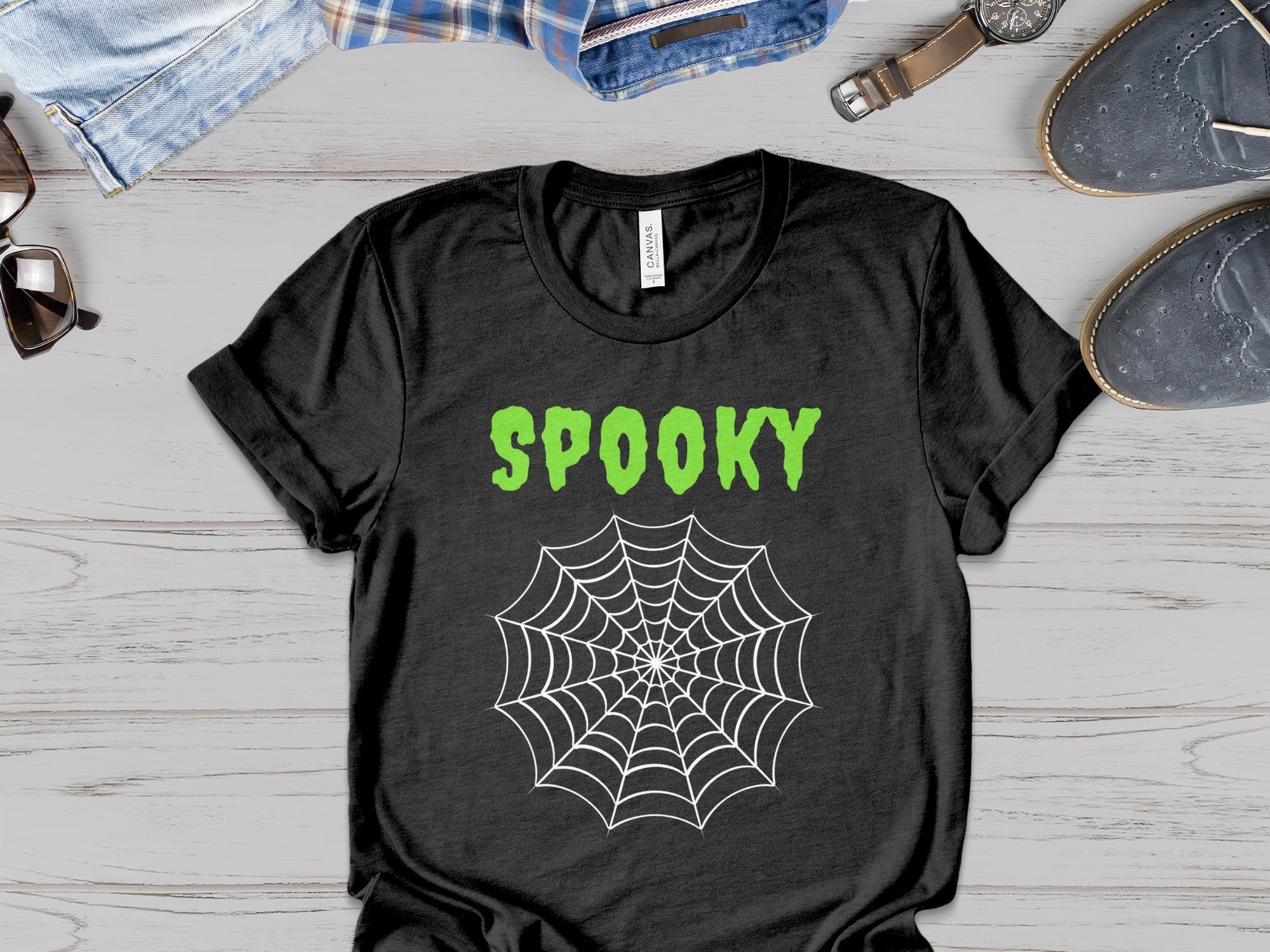 Spooky Halloween T-Shirt, Green Spooky Lettering, Custom Halloween Graphic Tee, Spider Web Design, Ghostly Halloween Apparel - Craig Michael Design