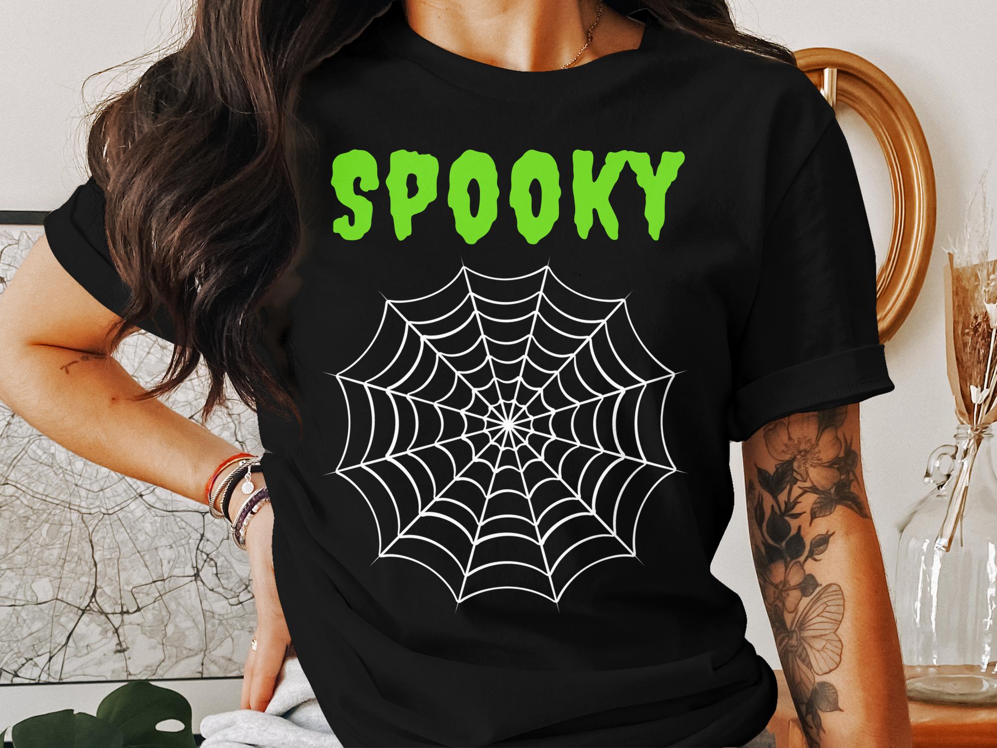 Spooky Halloween T-Shirt, Green Spooky Lettering, Custom Halloween Graphic Tee, Spider Web Design, Ghostly Halloween Apparel - Craig Michael Design