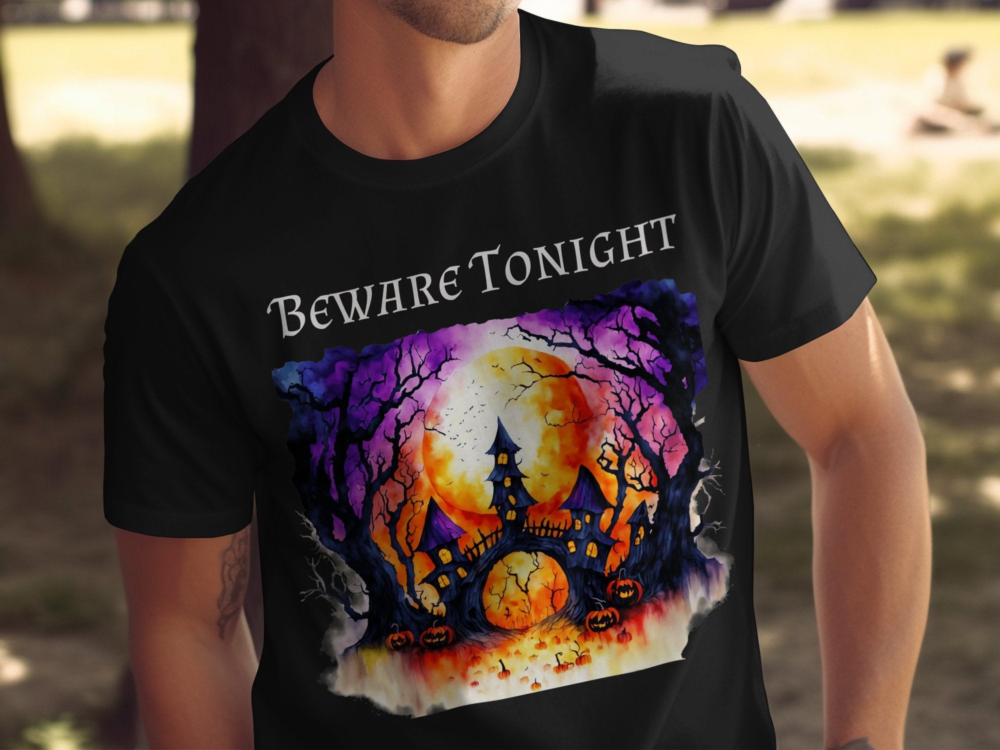 Spooky Haunted House T-Shirt, Halloween Night Scene Tee, Beware Tonight Shirt, Scary Pumpkin Design, Unique Gothic Style Top - Craig Michael Design