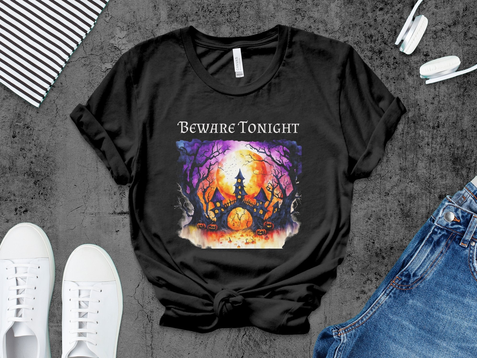 Spooky Haunted House T-Shirt, Halloween Night Scene Tee, Beware Tonight Shirt, Scary Pumpkin Design, Unique Gothic Style Top - Craig Michael Design