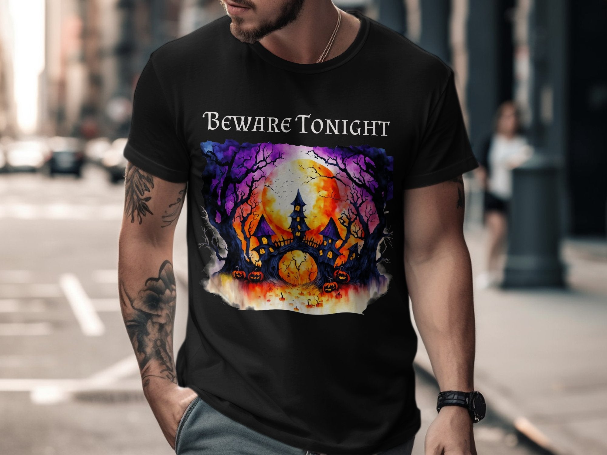 Spooky Haunted House T-Shirt, Halloween Night Scene Tee, Beware Tonight Shirt, Scary Pumpkin Design, Unique Gothic Style Top - Craig Michael Design