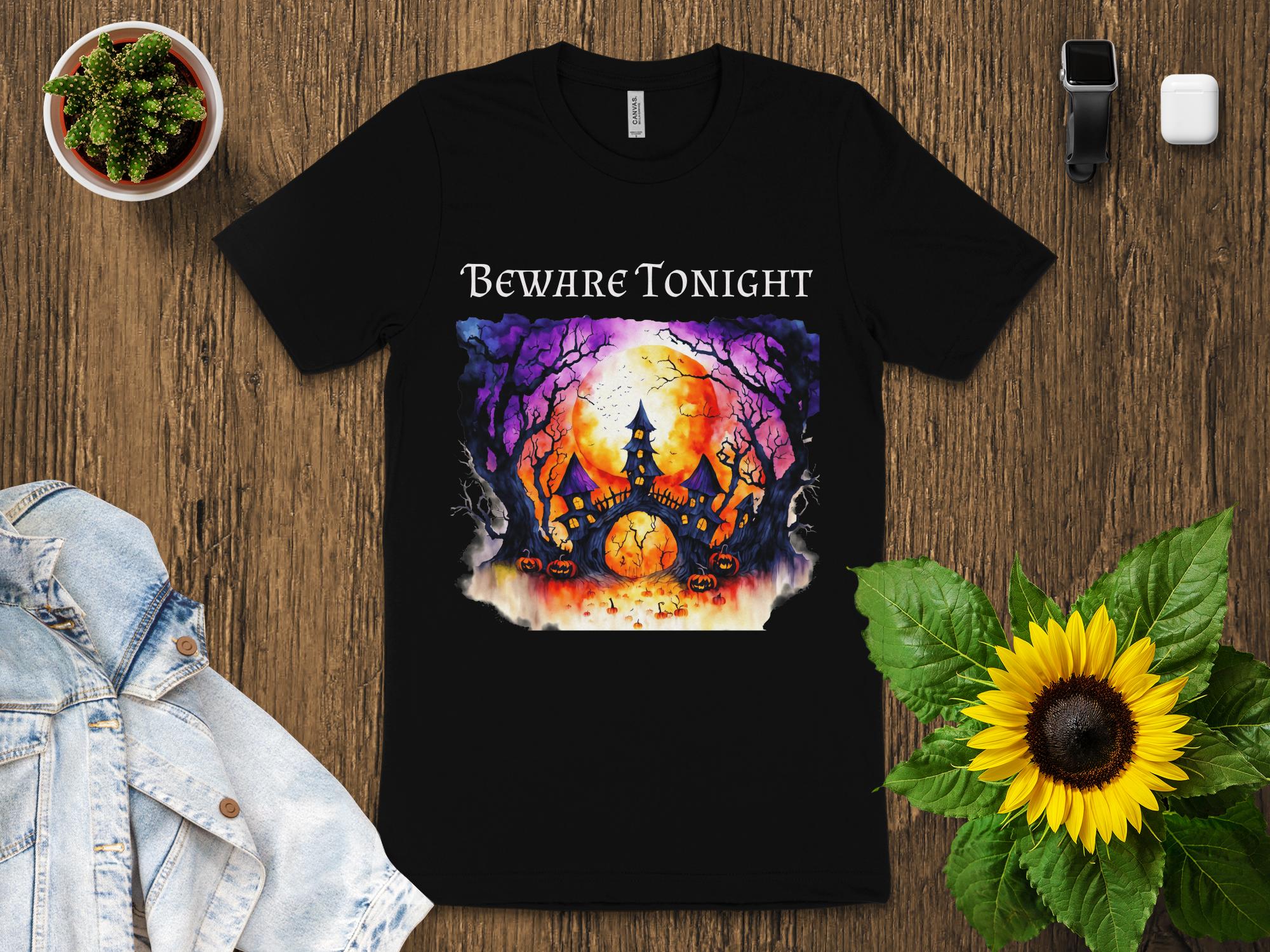 Spooky Haunted House T-Shirt, Halloween Night Scene Tee, Beware Tonight Shirt, Scary Pumpkin Design, Unique Gothic Style Top - Craig Michael Design