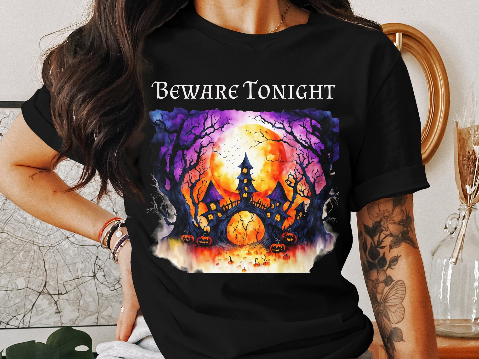 Spooky Haunted House T-Shirt, Halloween Night Scene Tee, Beware Tonight Shirt, Scary Pumpkin Design, Unique Gothic Style Top - Craig Michael Design