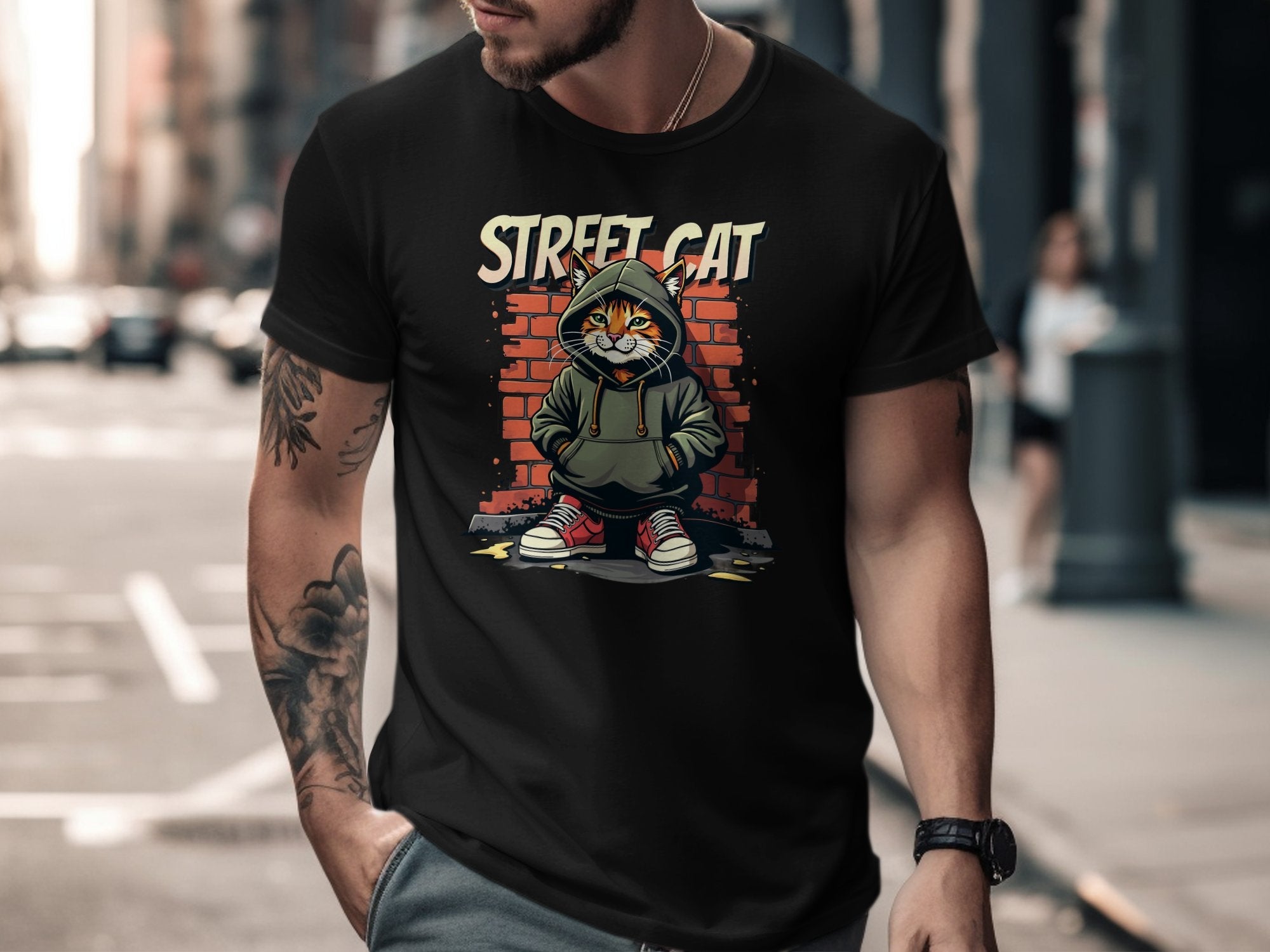 Street Cat Hoodie T-Shirt, Cool Cat Graphic Tee, Urban Style Cat Shirt, Feline in Hoodie T-Shirt, Trendy Cat Streetwear - Craig Michael Design