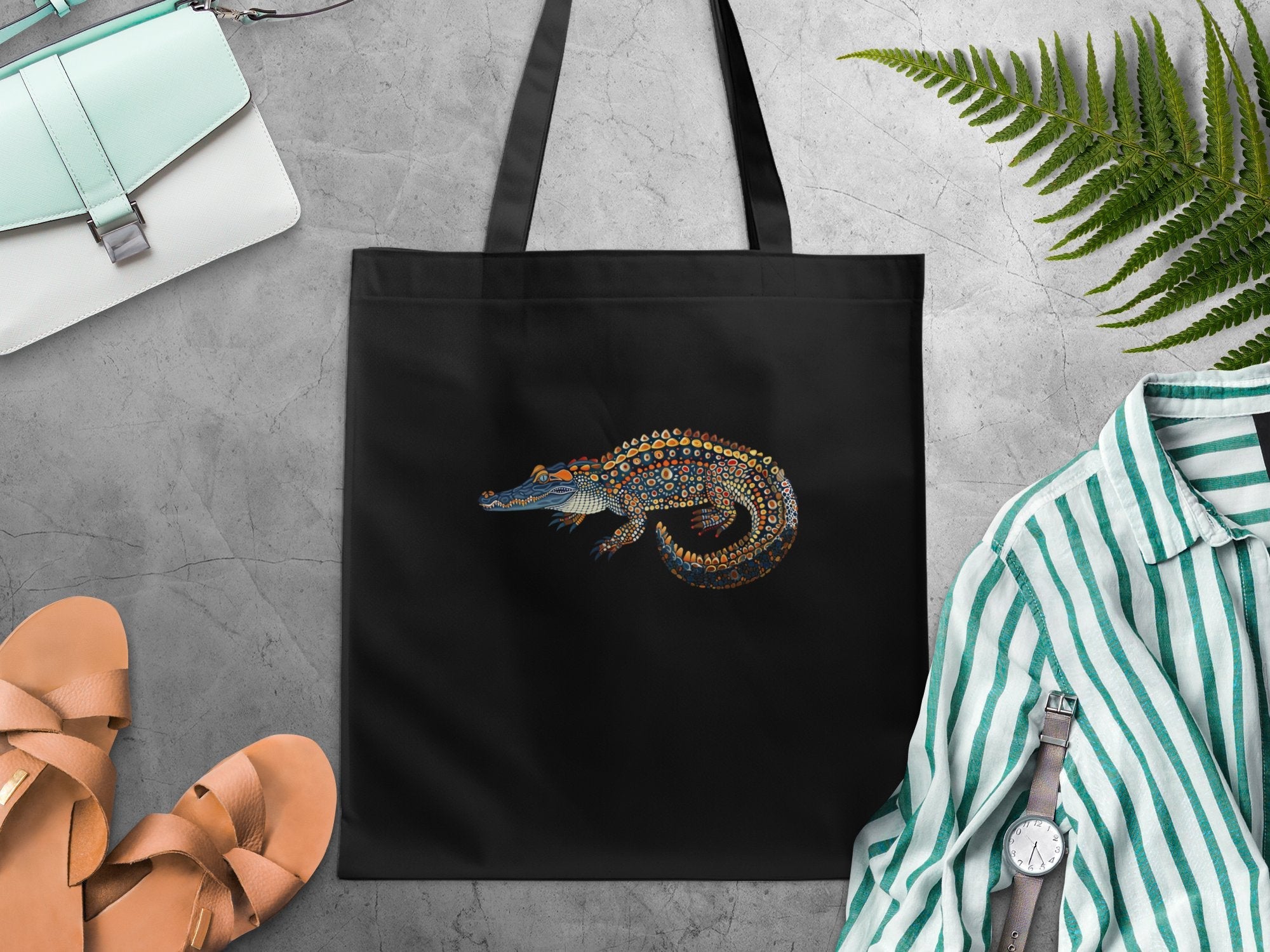 Stylish Colourful Crocodile Art Tote Bag, Unique Animal Themed Bag, Trendy Reusable Shopping Bag, Eye Catching Alligator Design Tote - Craig Michael Design