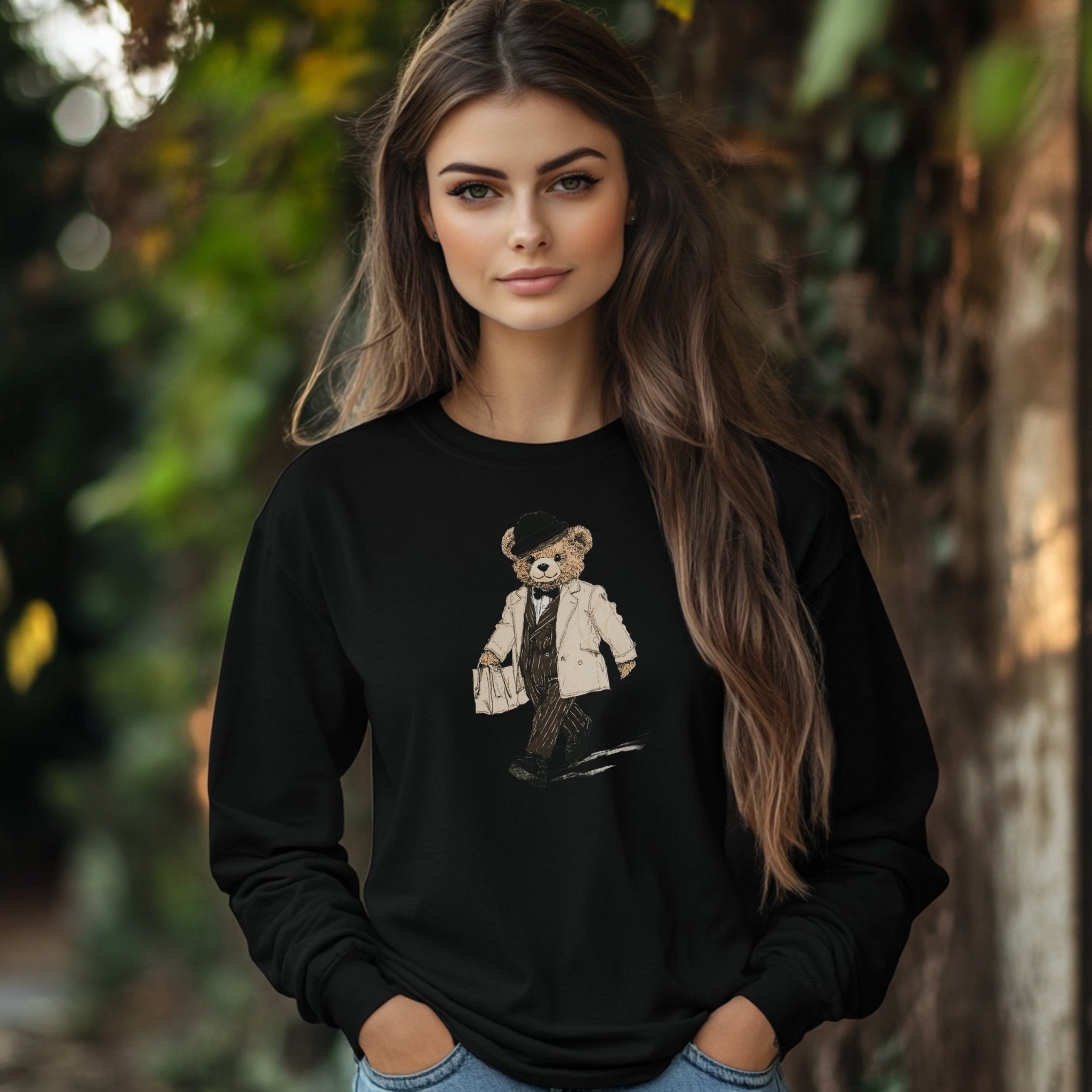 Stylish Teddy Bear Long Sleeve T-Shirt, Trendy Walking Bear Graphic Tee, Cute Bear Art Shirt, Casual Long Sleeve Shirt for Kids and Adults - Craig Michael Design