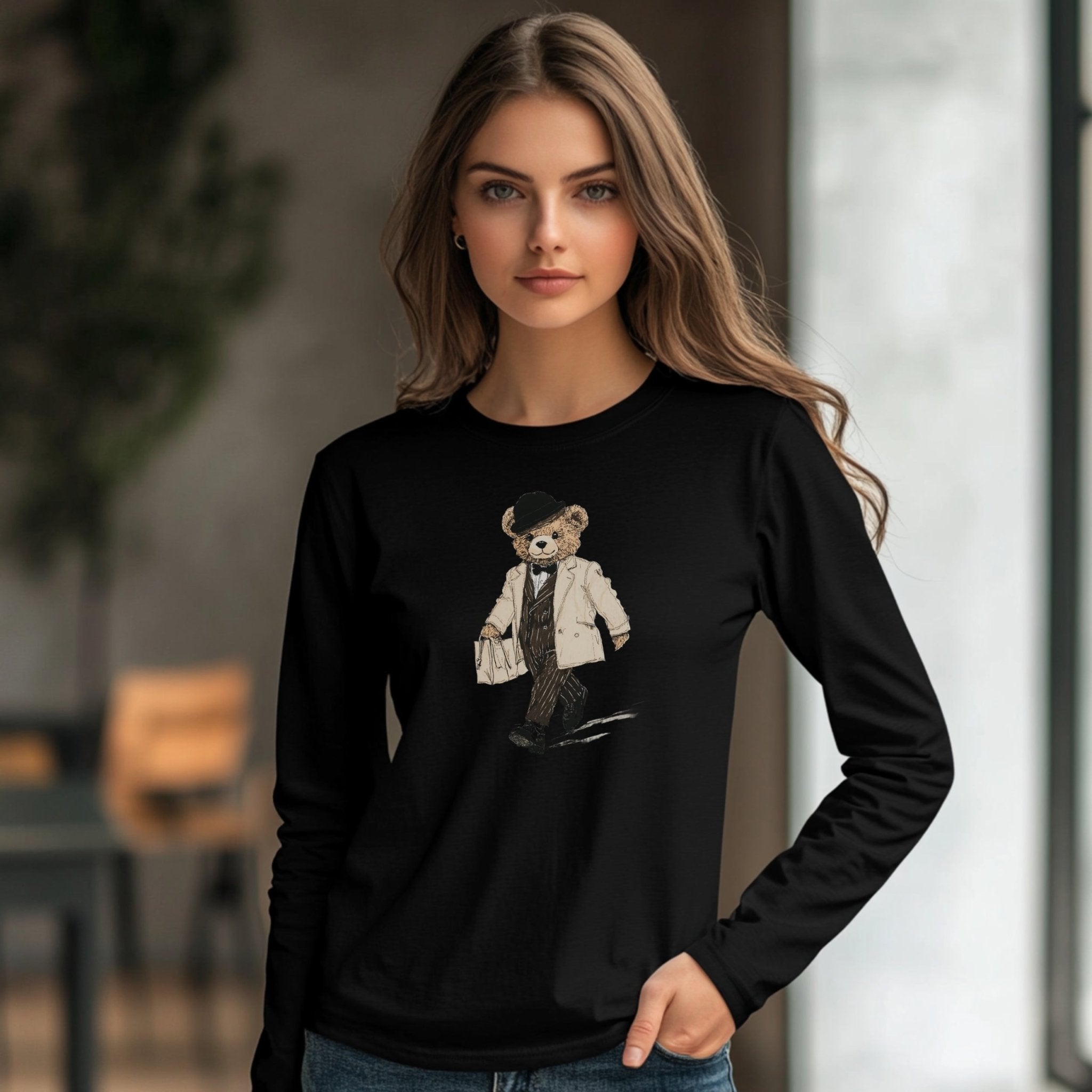 Stylish Teddy Bear Long Sleeve T-Shirt, Trendy Walking Bear Graphic Tee, Cute Bear Art Shirt, Casual Long Sleeve Shirt for Kids and Adults - Craig Michael Design