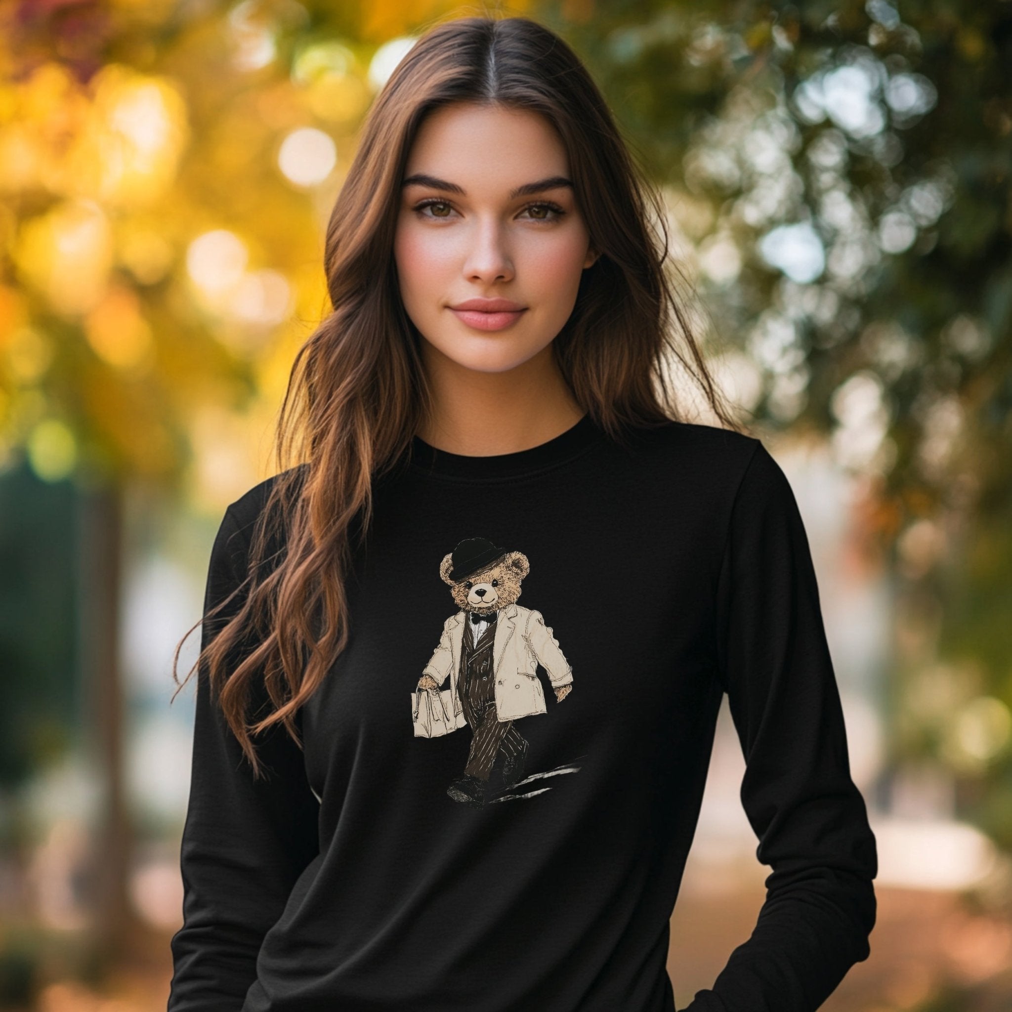 Stylish Teddy Bear Long Sleeve T-Shirt, Trendy Walking Bear Graphic Tee, Cute Bear Art Shirt, Casual Long Sleeve Shirt for Kids and Adults - Craig Michael Design