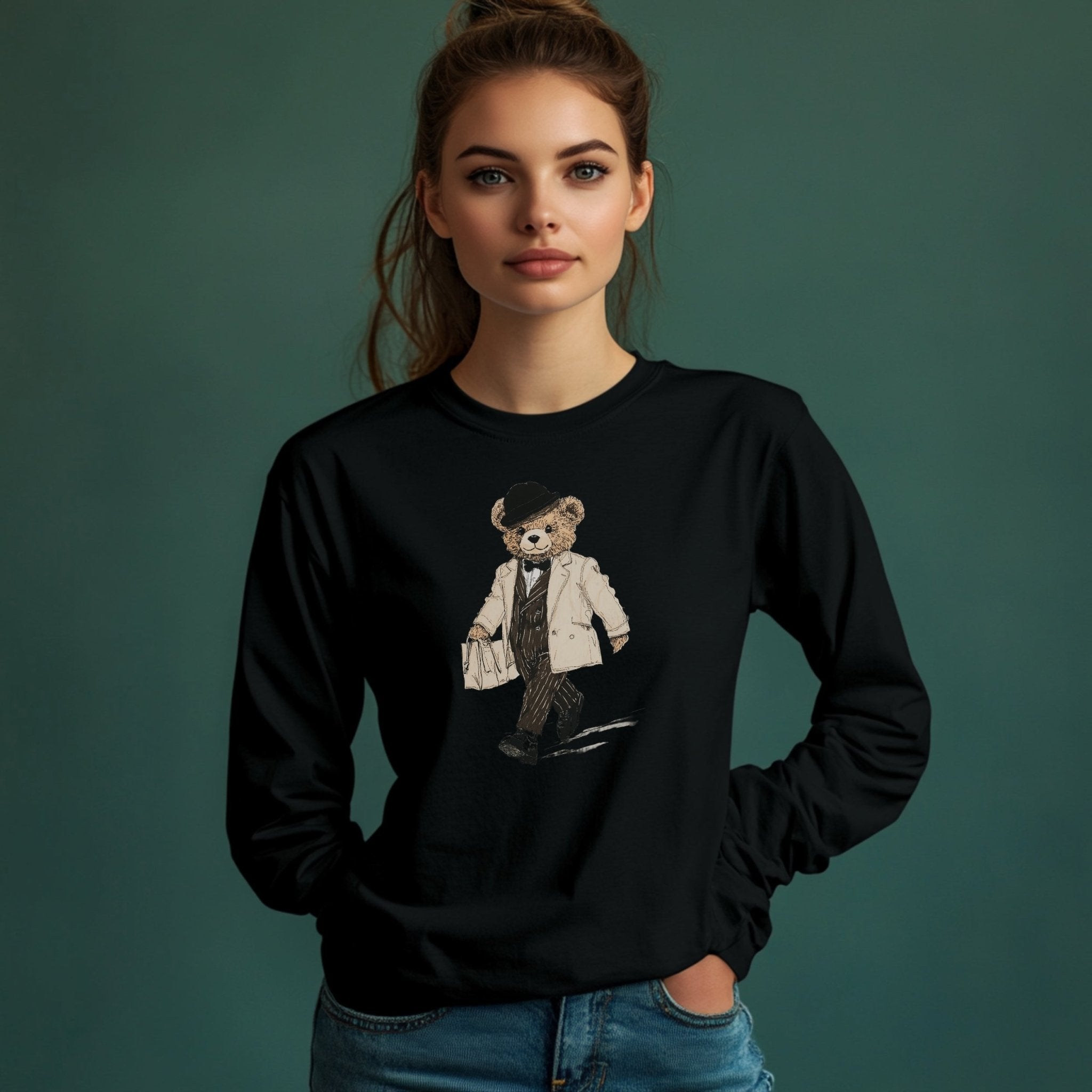 Stylish Teddy Bear Long Sleeve T-Shirt, Trendy Walking Bear Graphic Tee, Cute Bear Art Shirt, Casual Long Sleeve Shirt for Kids and Adults - Craig Michael Design