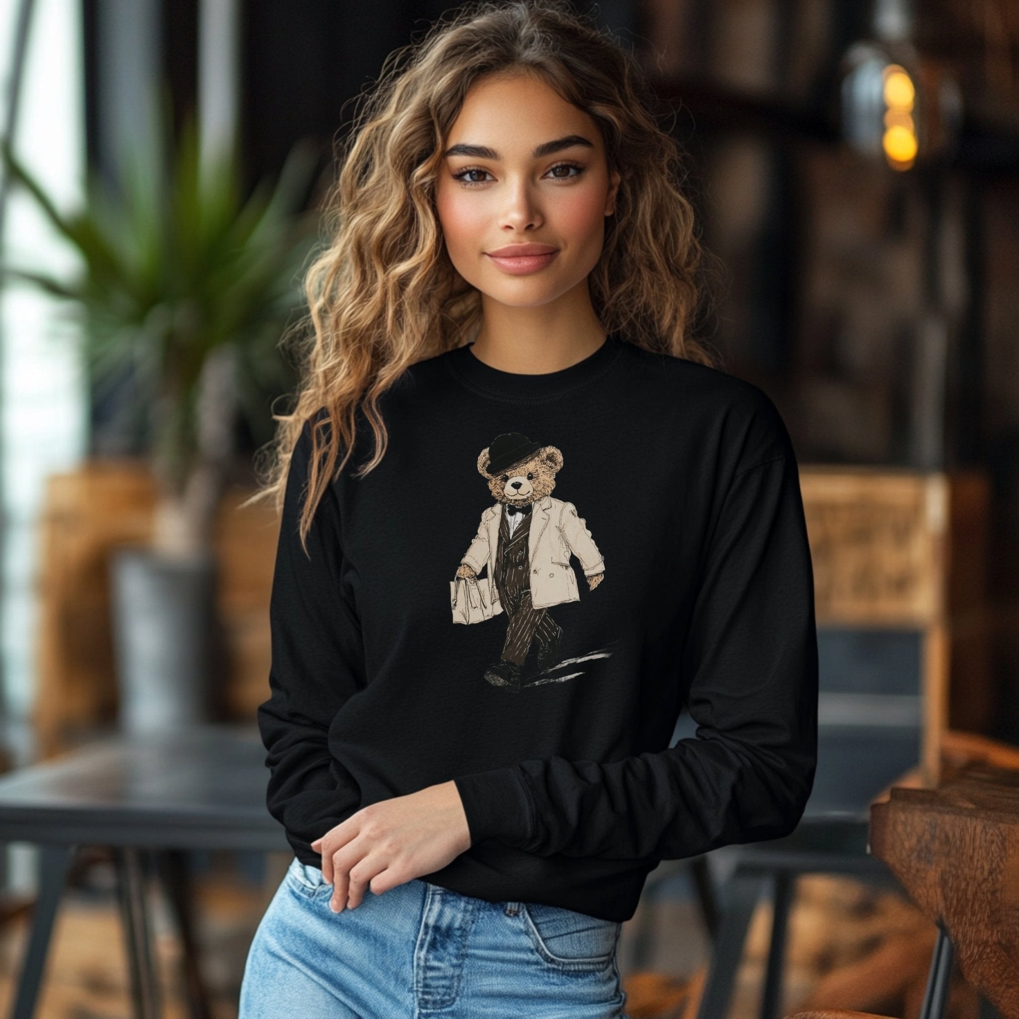 Stylish Teddy Bear Long Sleeve T-Shirt, Trendy Walking Bear Graphic Tee, Cute Bear Art Shirt, Casual Long Sleeve Shirt for Kids and Adults - Craig Michael Design