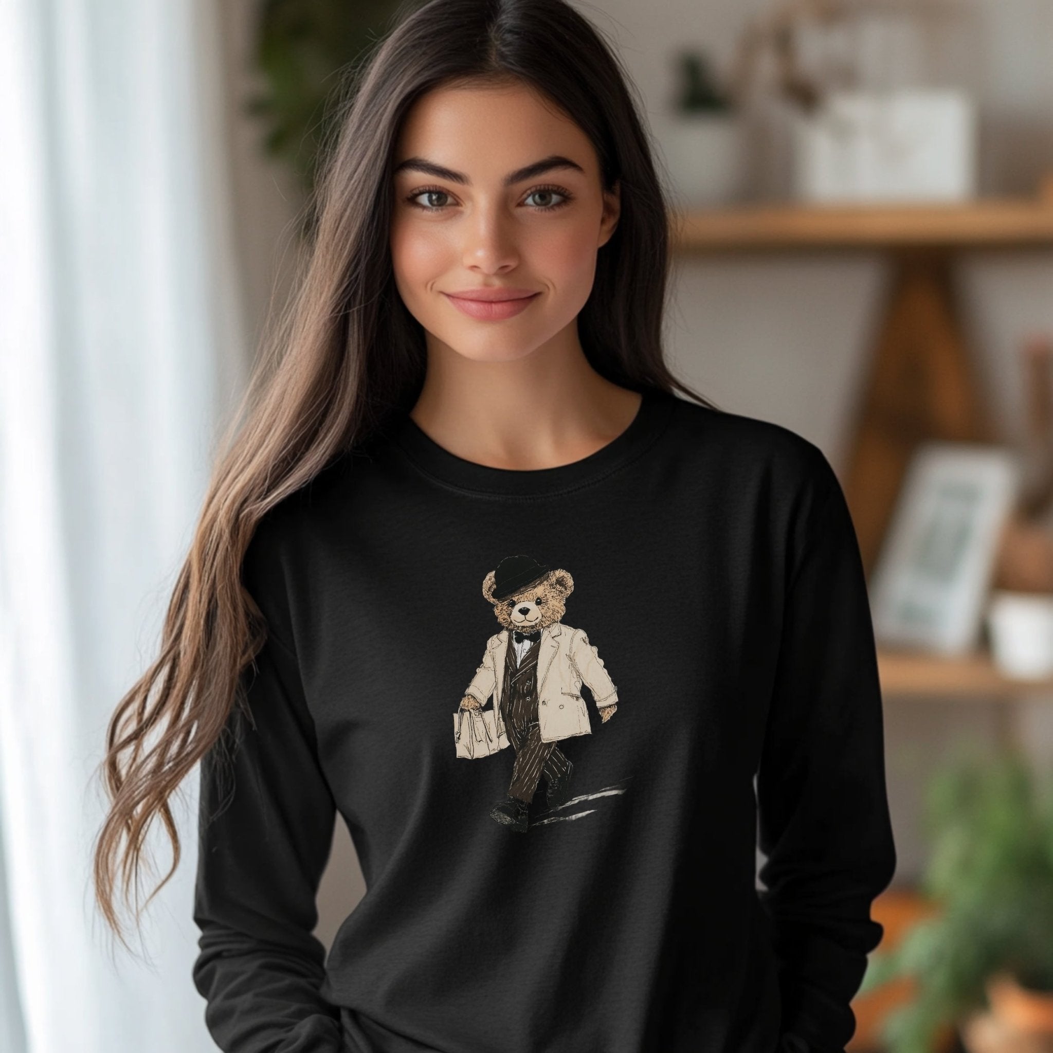 Stylish Teddy Bear Long Sleeve T-Shirt, Trendy Walking Bear Graphic Tee, Cute Bear Art Shirt, Casual Long Sleeve Shirt for Kids and Adults - Craig Michael Design