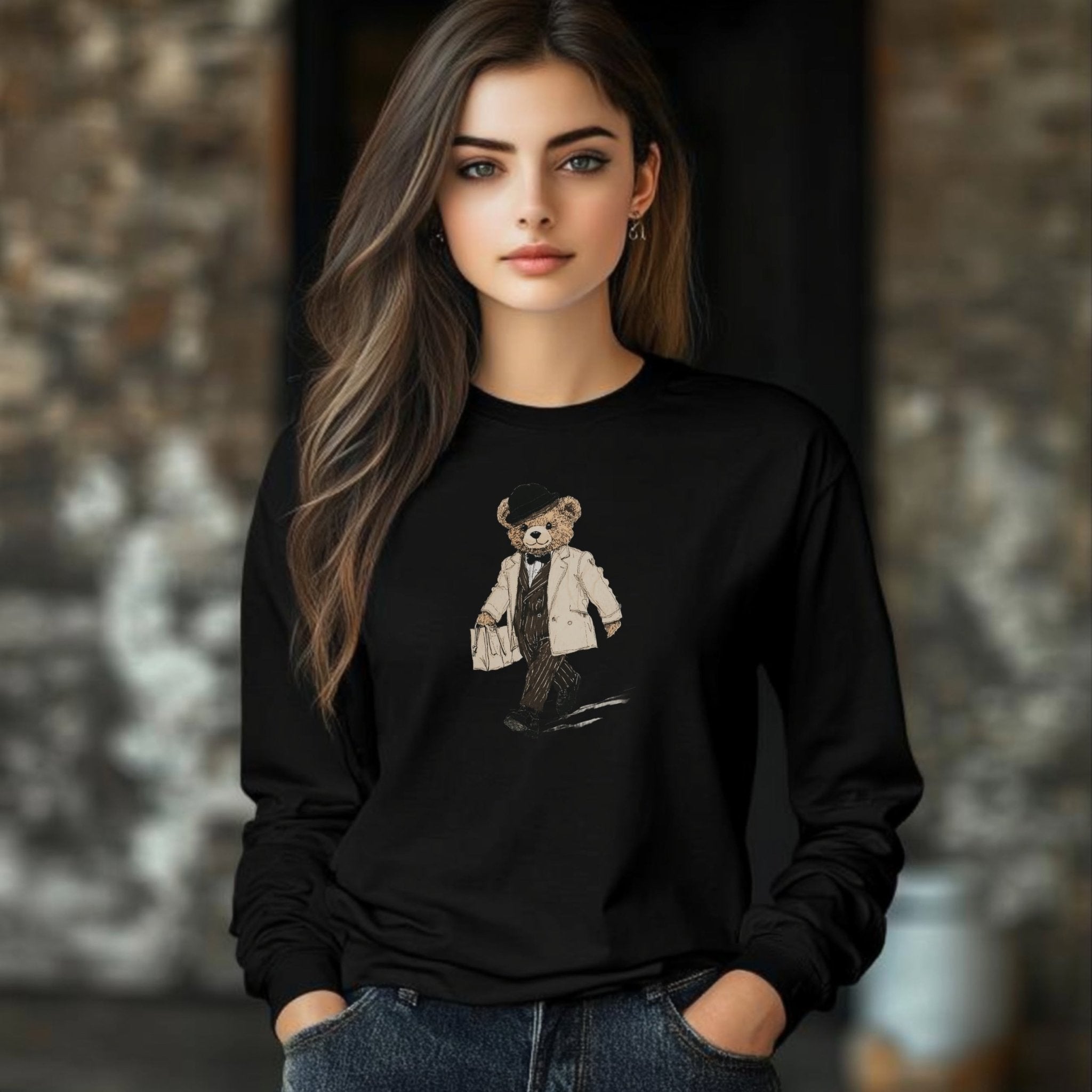 Stylish Teddy Bear Long Sleeve T-Shirt, Trendy Walking Bear Graphic Tee, Cute Bear Art Shirt, Casual Long Sleeve Shirt for Kids and Adults - Craig Michael Design