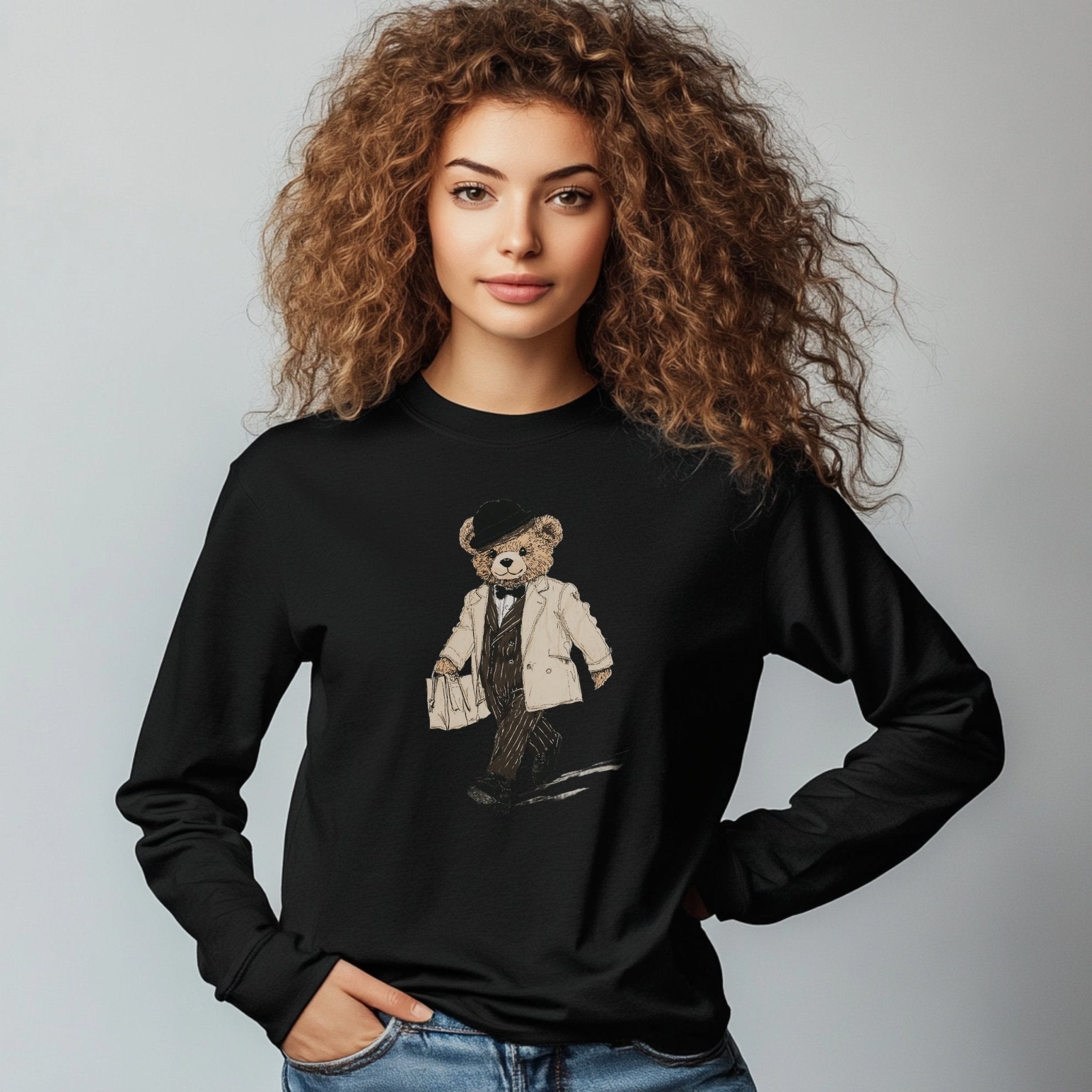 Stylish Teddy Bear Long Sleeve T-Shirt, Trendy Walking Bear Graphic Tee, Cute Bear Art Shirt, Casual Long Sleeve Shirt for Kids and Adults - Craig Michael Design