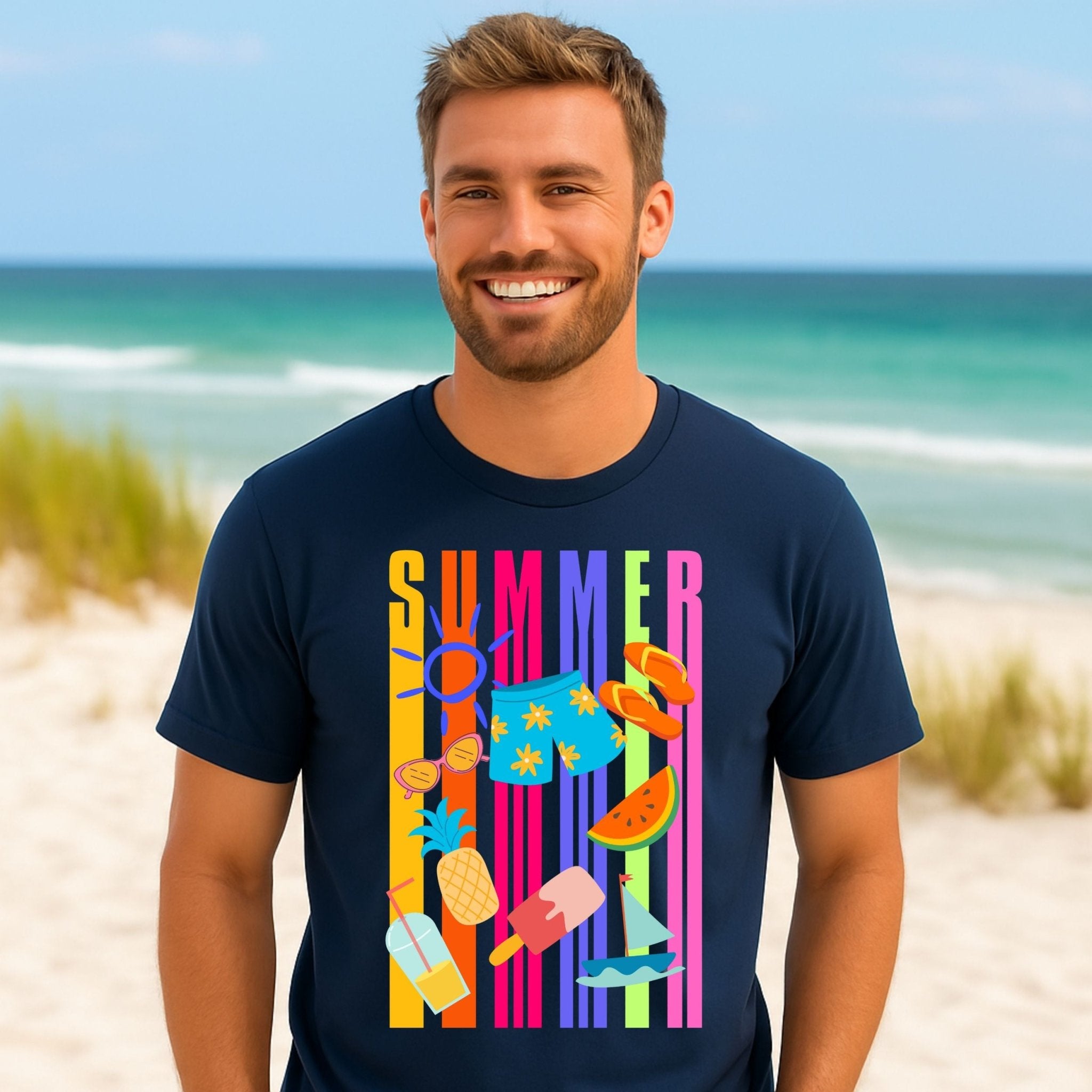 Summer Graphic T-Shirt, Bright Holiday Icons Tee, Fun Beach Vibes Shirt for Men - Craig Michael Design