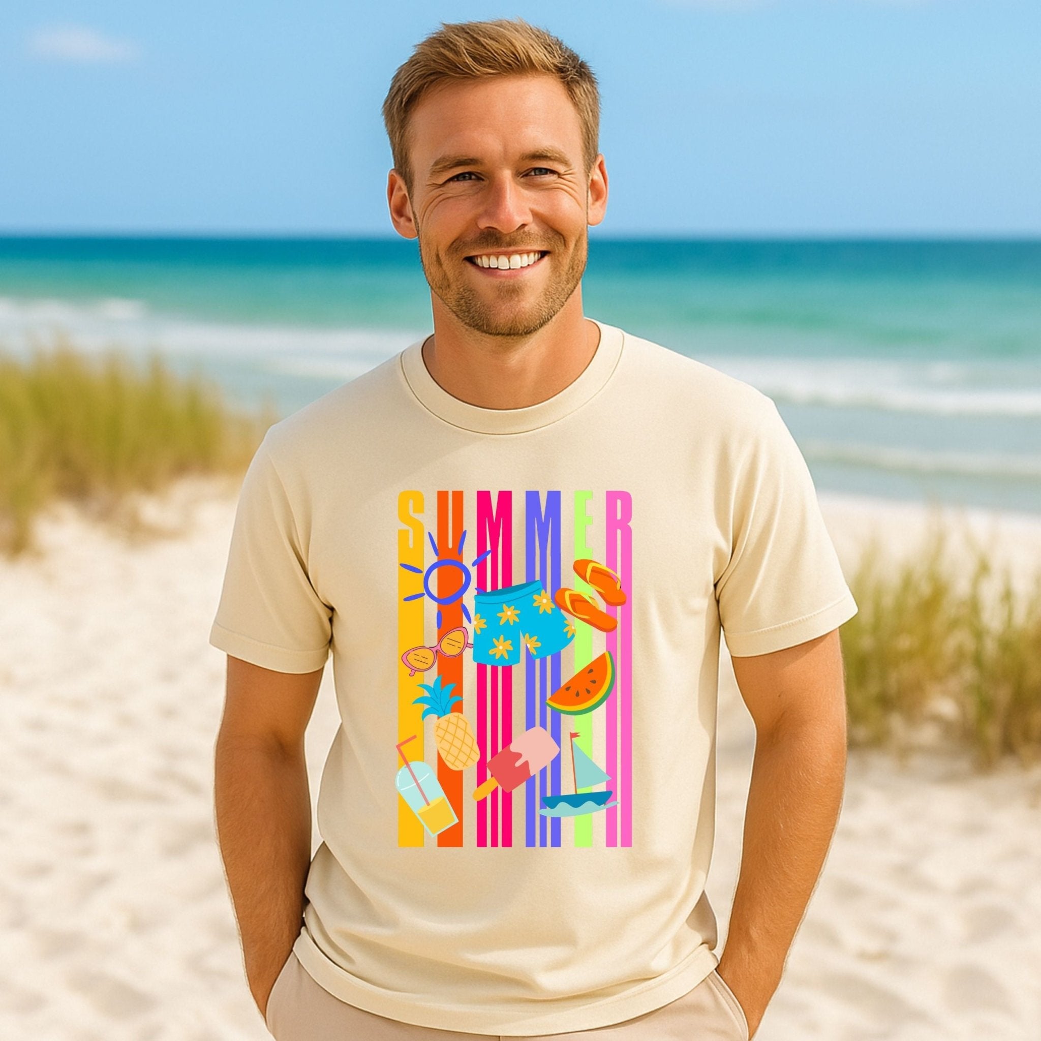 Summer Graphic T-Shirt, Bright Holiday Icons Tee, Fun Beach Vibes Shirt for Men - Craig Michael Design
