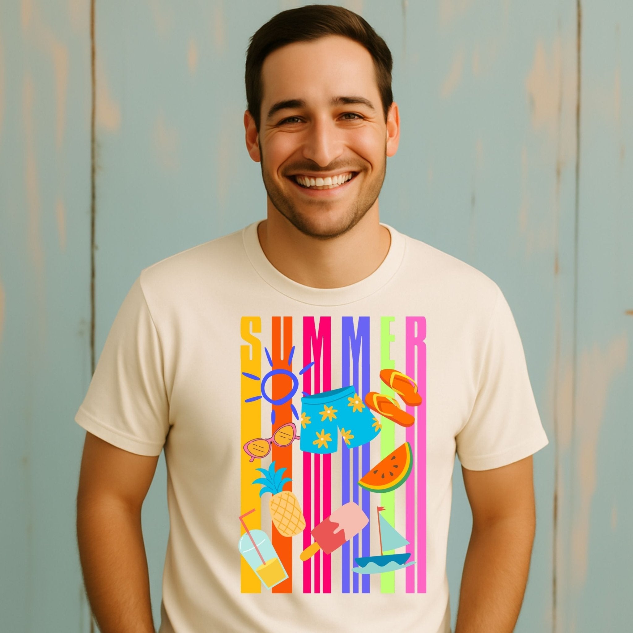 Summer Graphic T-Shirt, Bright Holiday Icons Tee, Fun Beach Vibes Shirt for Men - Craig Michael Design
