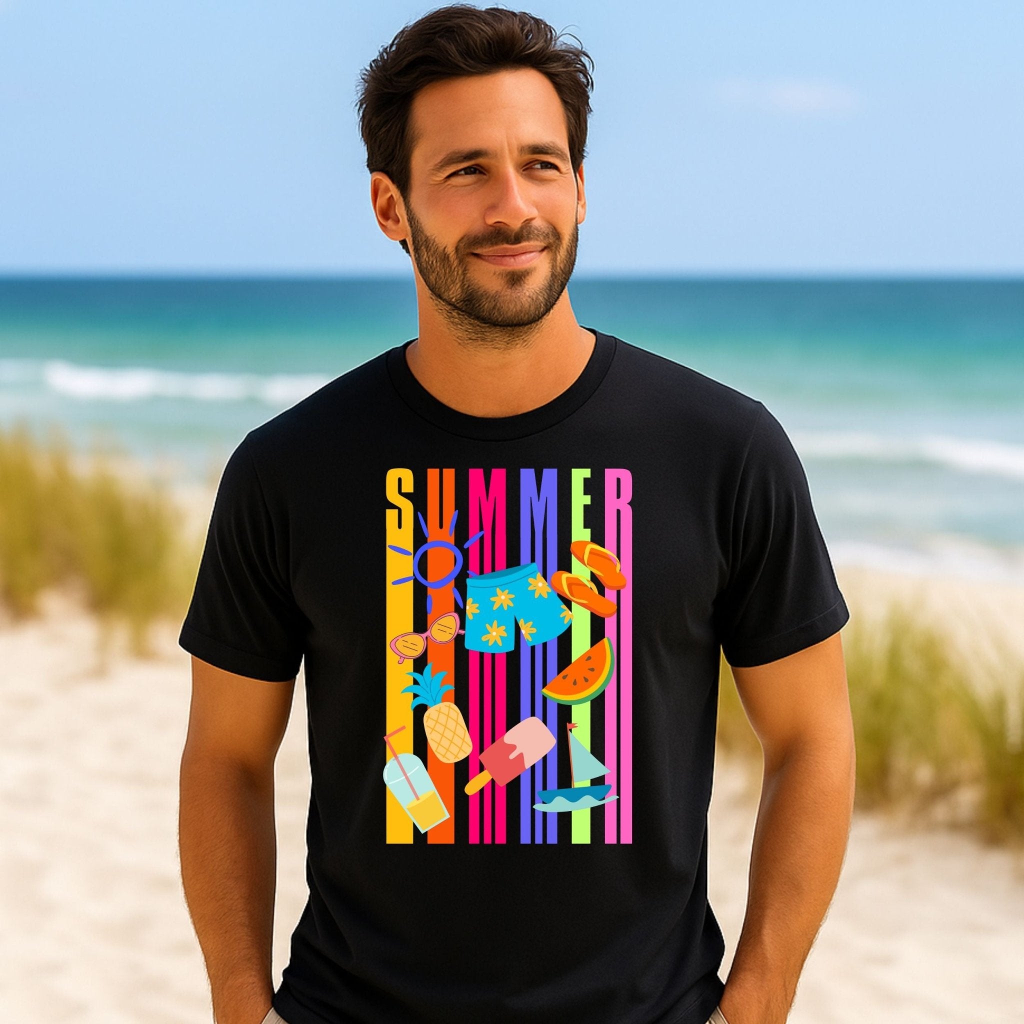 Summer Graphic T-Shirt, Bright Holiday Icons Tee, Fun Beach Vibes Shirt for Men - Craig Michael Design
