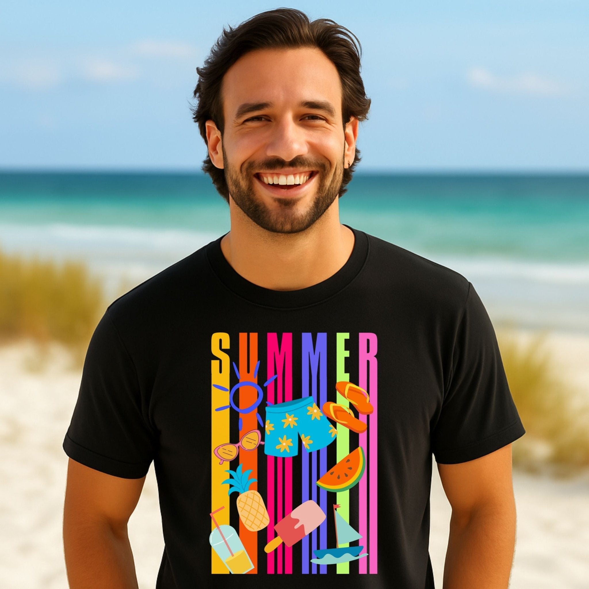 Summer Graphic T-Shirt, Bright Holiday Icons Tee, Fun Beach Vibes Shirt for Men - Craig Michael Design