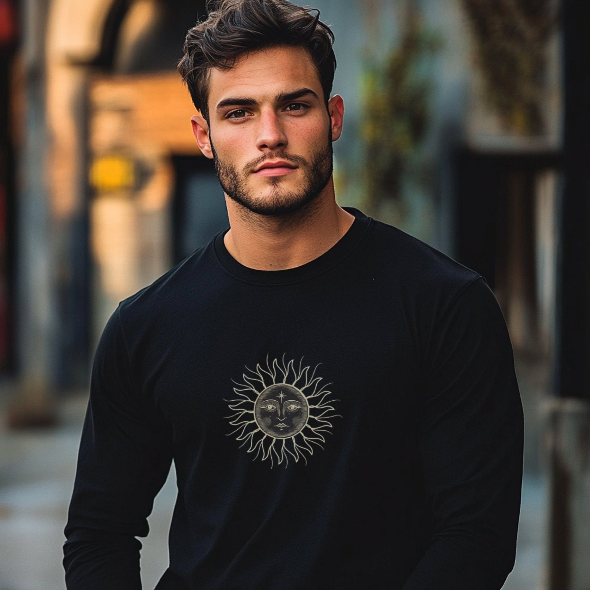 Sun Moon Face Long Sleeve T Shirt, Mystical Sun Graphic Tee, Celestial Sun Moon Long Sleeve Shirt, Spiritual Sun Moon Top - Craig Michael Design