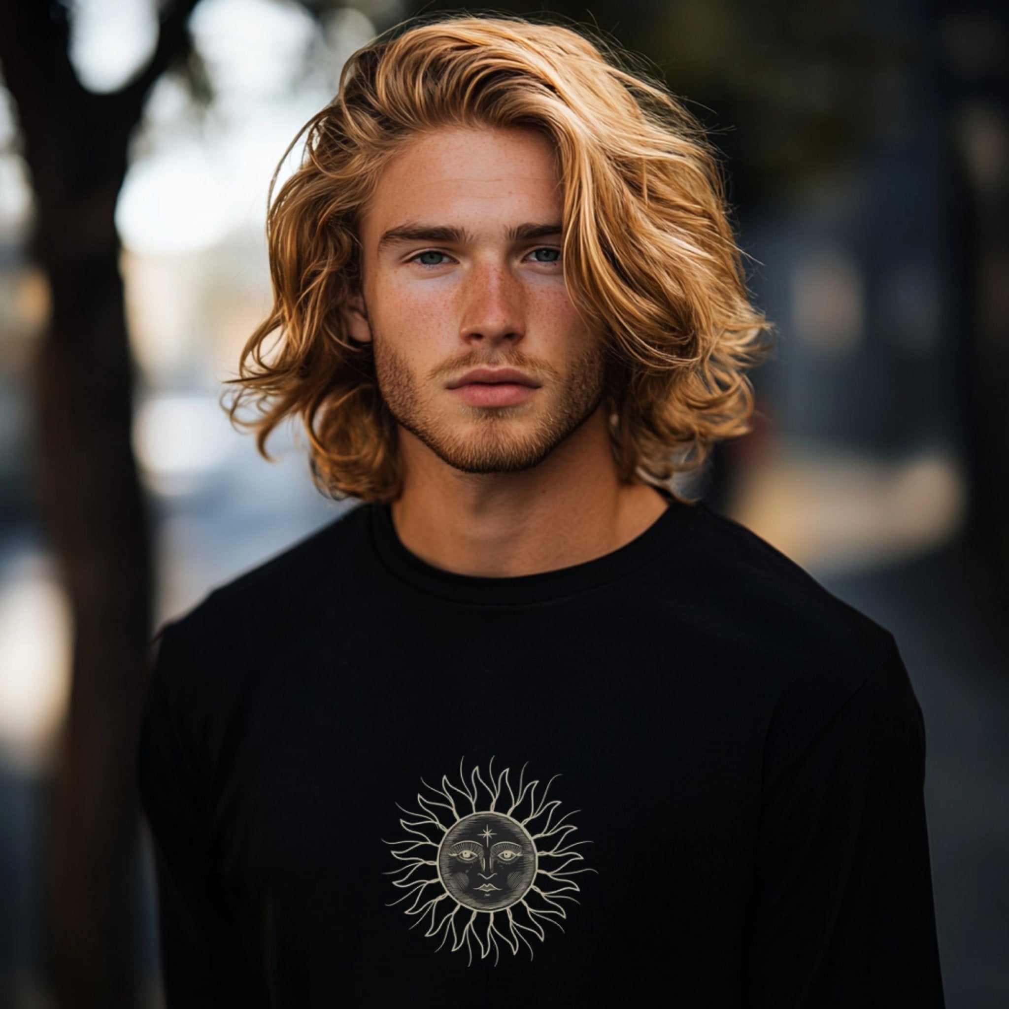 Sun Moon Face Long Sleeve T Shirt, Mystical Sun Graphic Tee, Celestial Sun Moon Long Sleeve Shirt, Spiritual Sun Moon Top - Craig Michael Design