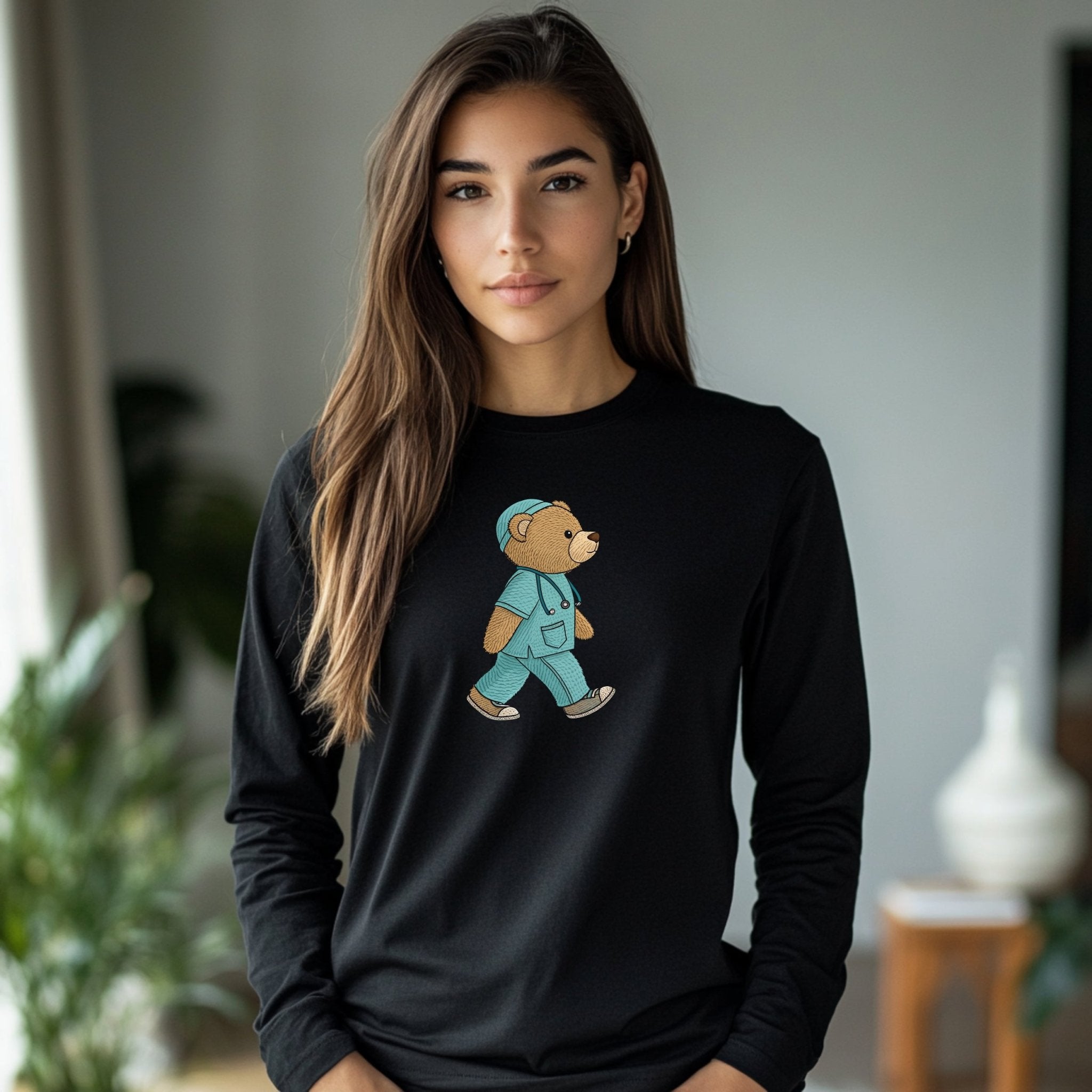 Teddy Bear Doctor Long Sleeve T-Shirt, Funny Medical Professional Bear Shirt, Adorable Nurse Bear Top, Lifelike Bear with Stethoscope - Craig Michael Design