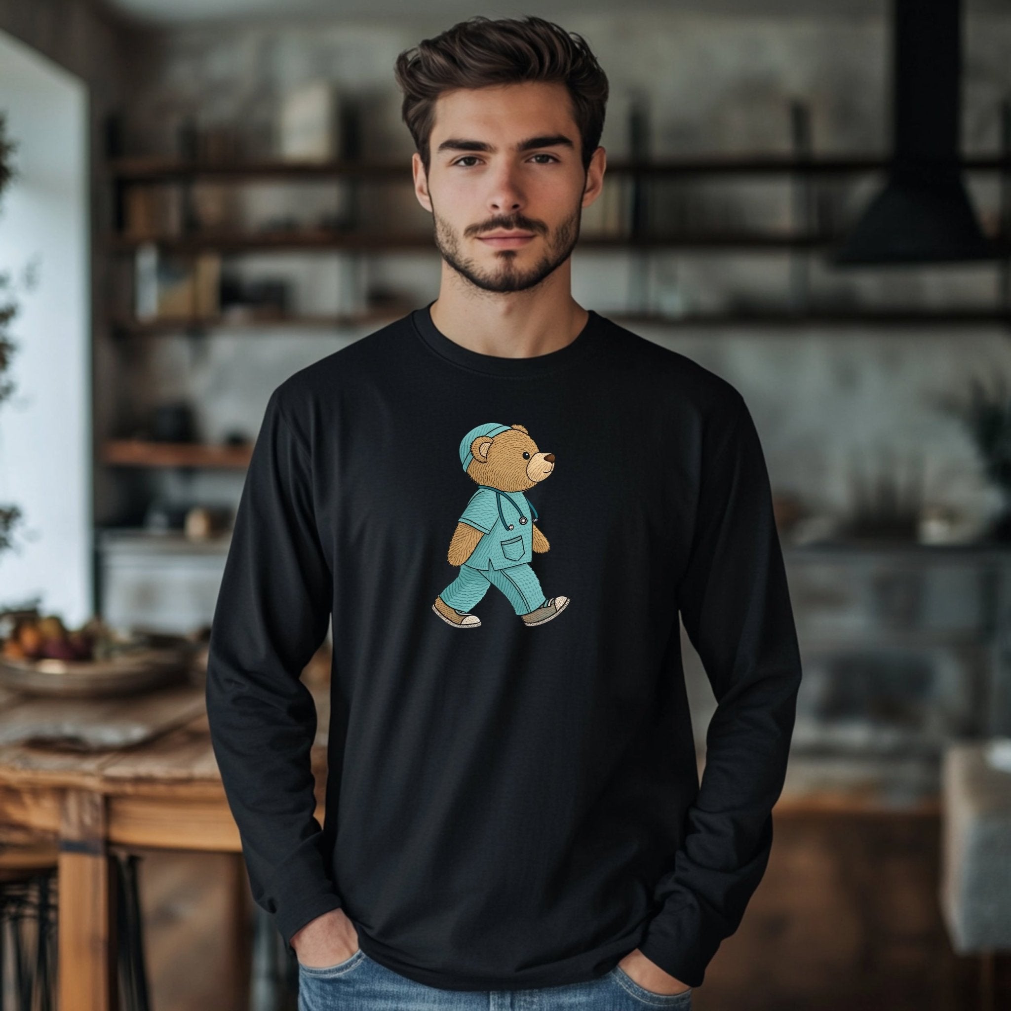 Teddy Bear Doctor Long Sleeve T-Shirt, Funny Medical Professional Bear Shirt, Adorable Nurse Bear Top, Lifelike Bear with Stethoscope - Craig Michael Design