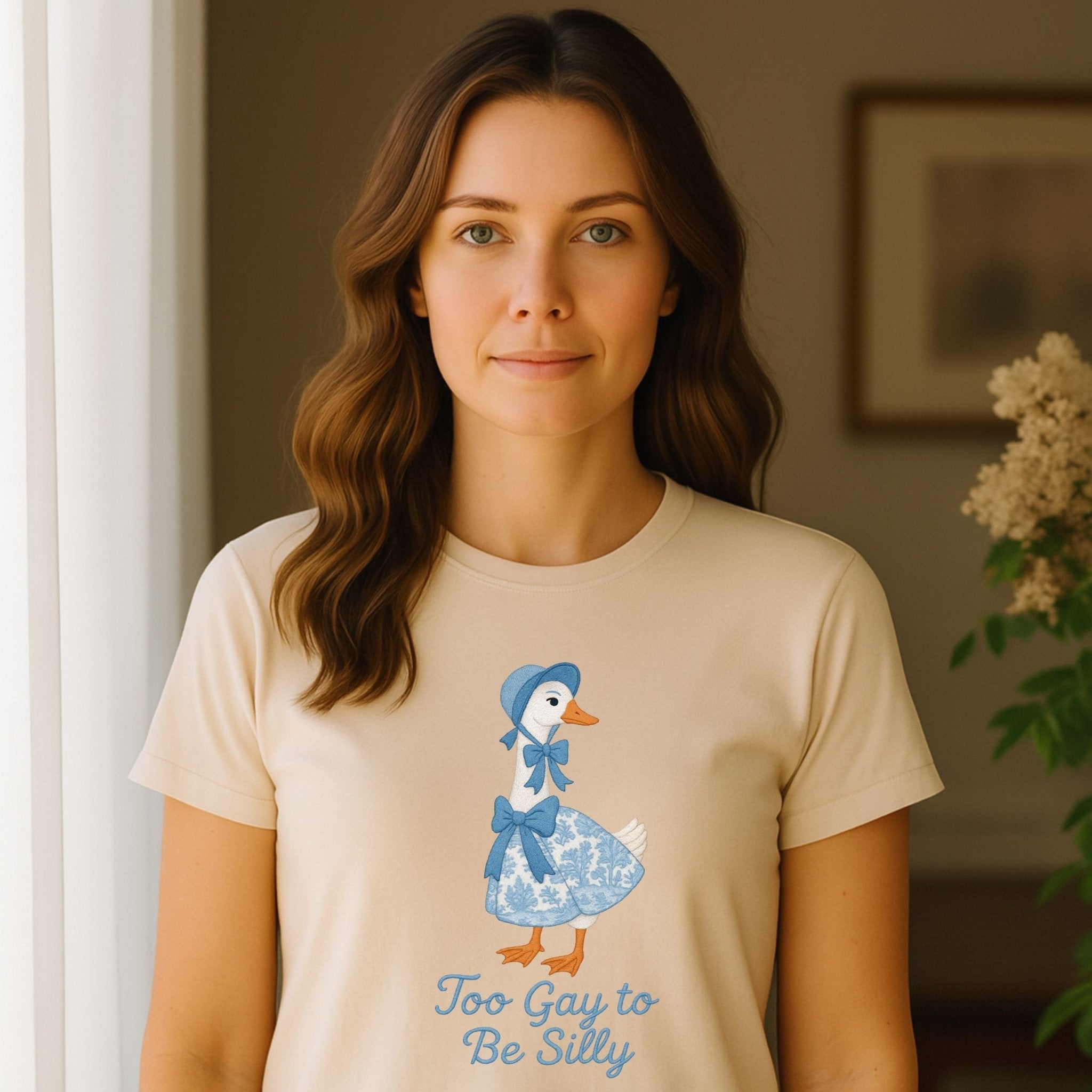 Too Gay to Be Silly Shirt, Embroidered - Style Pride Tee, Cottagecore Goose Gift - Craig Michael Design