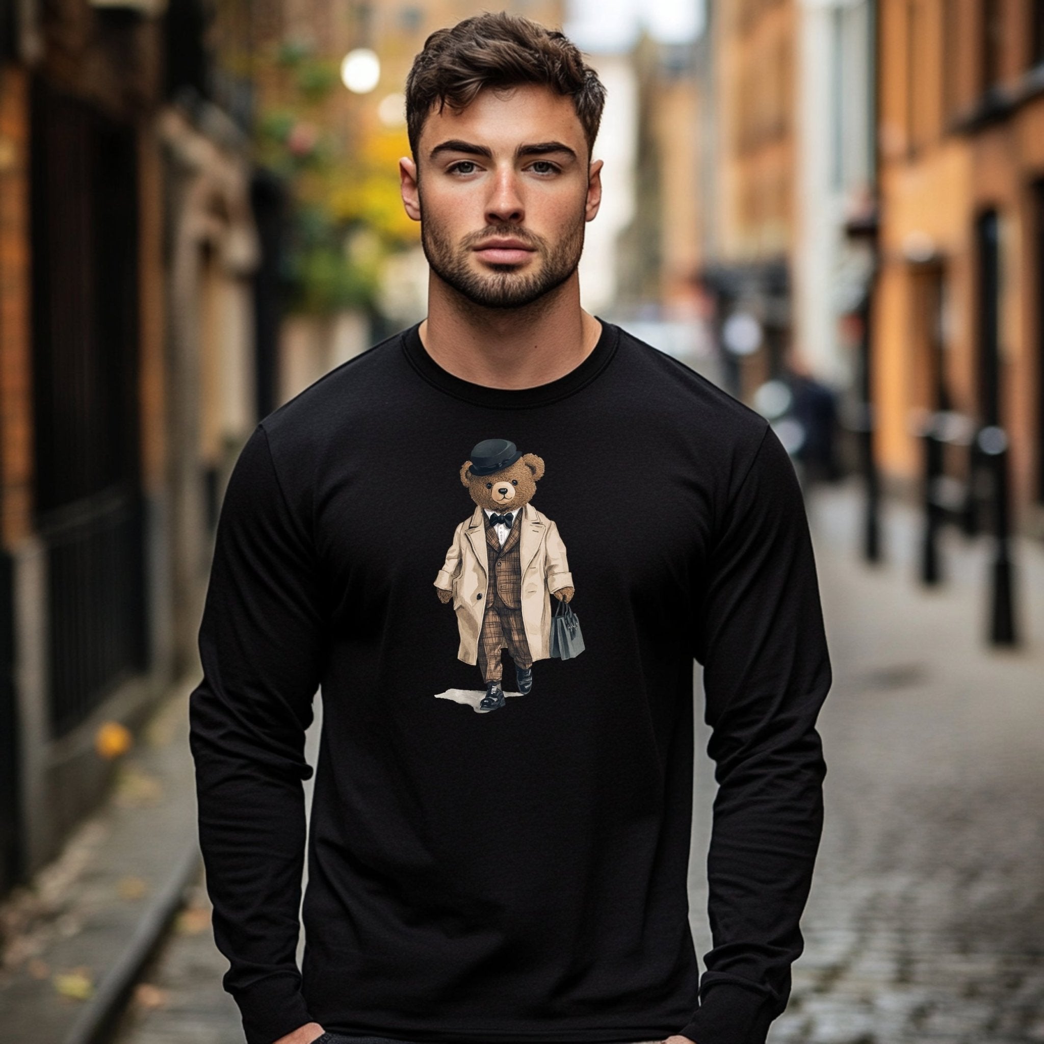 Trendy Bear Wearing Suit Graphic Long Sleeve T-Shirt, Cute Bear in Coat T-Shirt, Vintage Bear Tee, Fashionable Bear Shirt - Craig Michael Design