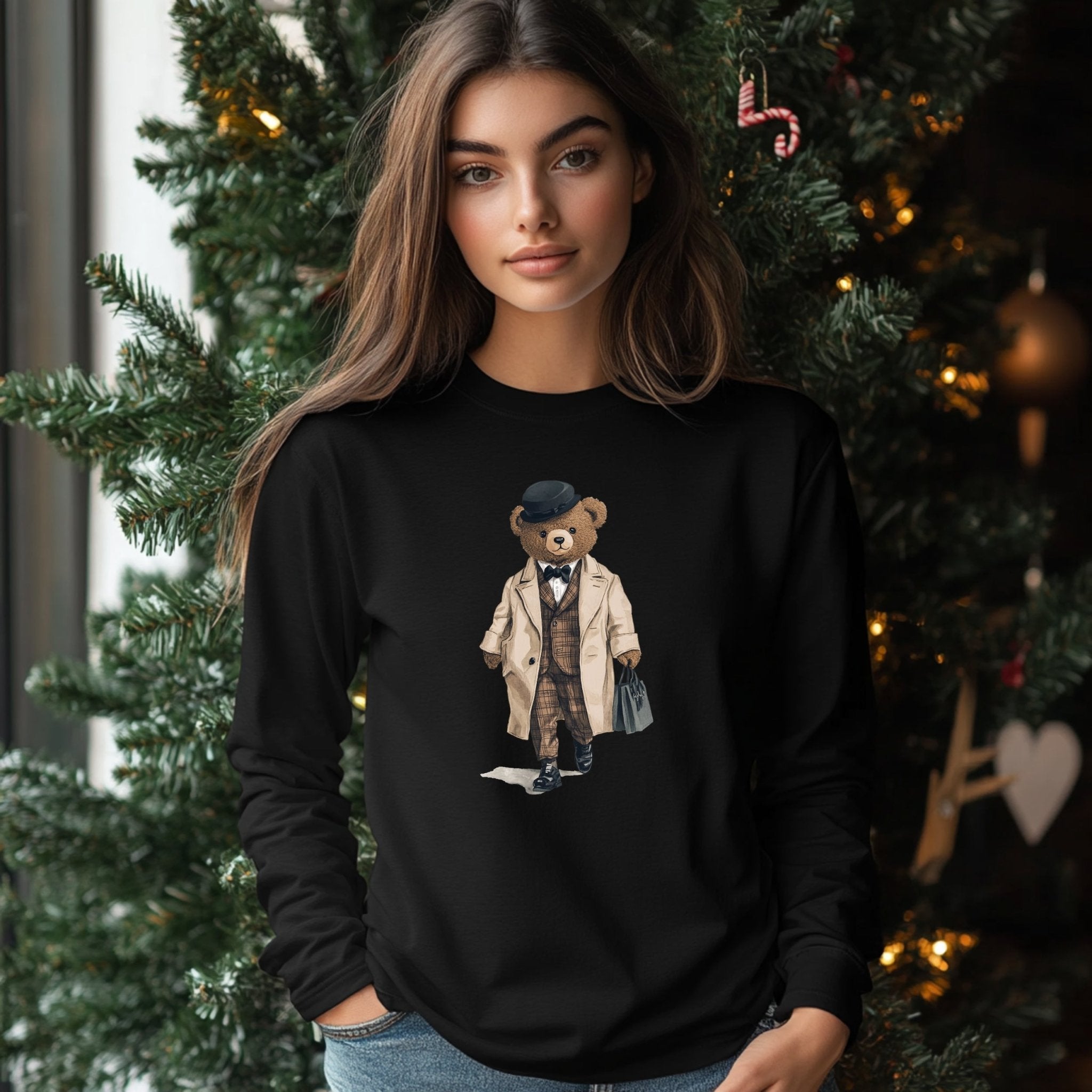 Trendy Bear Wearing Suit Graphic Long Sleeve T-Shirt, Cute Bear in Coat T-Shirt, Vintage Bear Tee, Fashionable Bear Shirt - Craig Michael Design