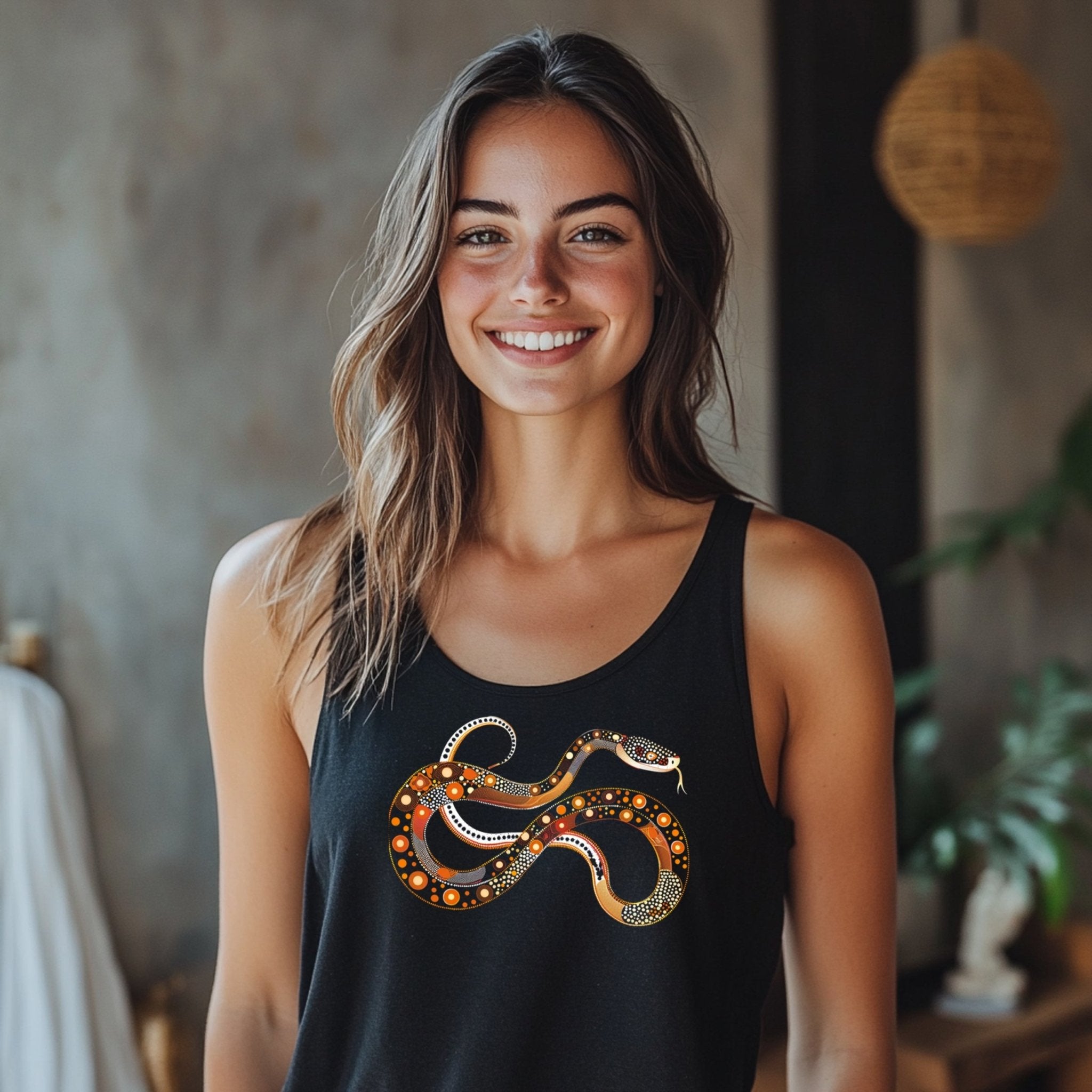 Trendy snake graphic tank top, boho snake print women clothing, summer casual wear, unique snake design, sleeveless casual top - Craig Michael Design