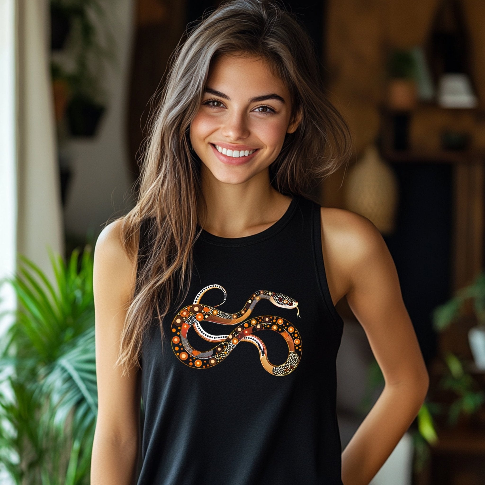 Trendy snake graphic tank top, boho snake print women clothing, summer casual wear, unique snake design, sleeveless casual top - Craig Michael Design