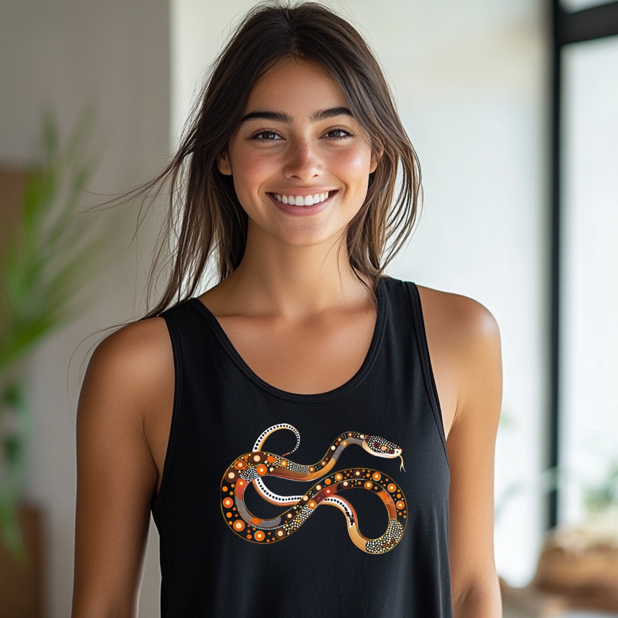 Trendy snake graphic tank top, boho snake print women clothing, summer casual wear, unique snake design, sleeveless casual top - Craig Michael Design