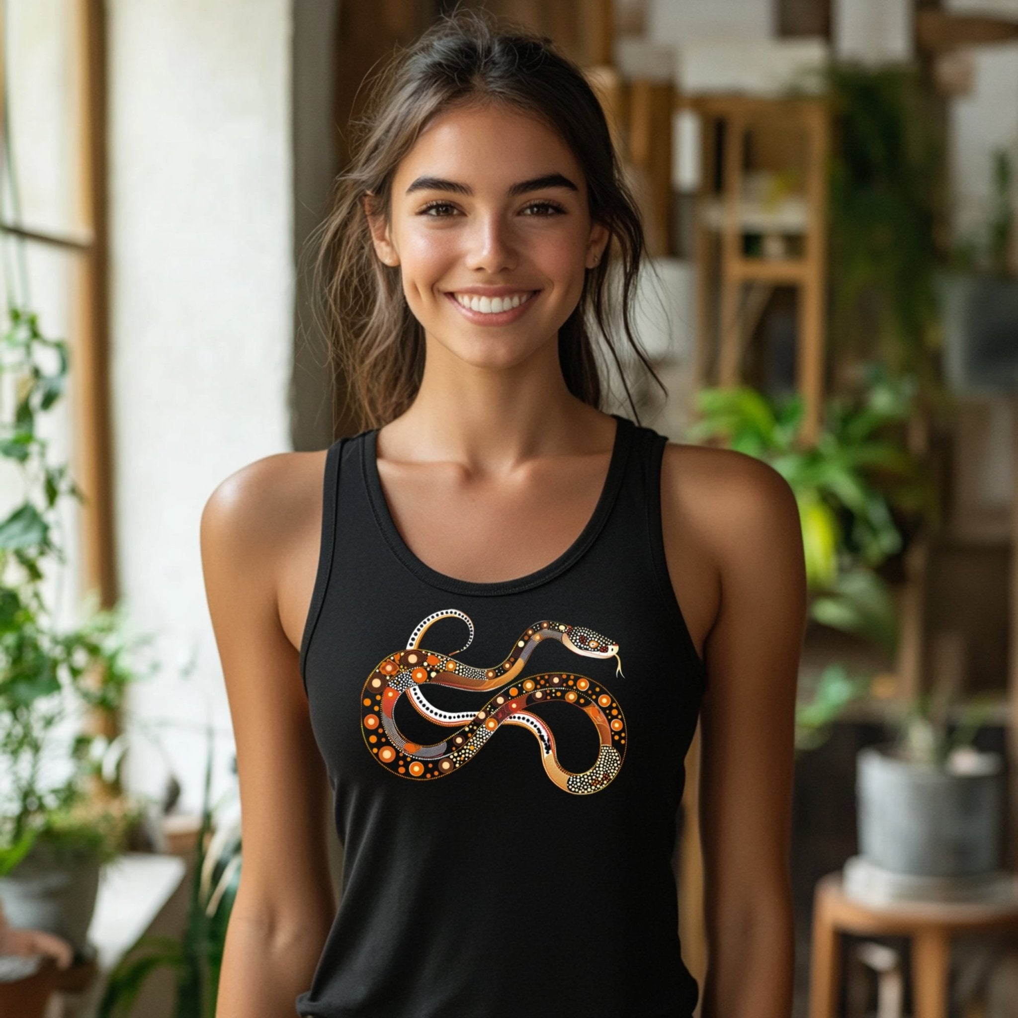 Trendy snake graphic tank top, boho snake print women clothing, summer casual wear, unique snake design, sleeveless casual top - Craig Michael Design